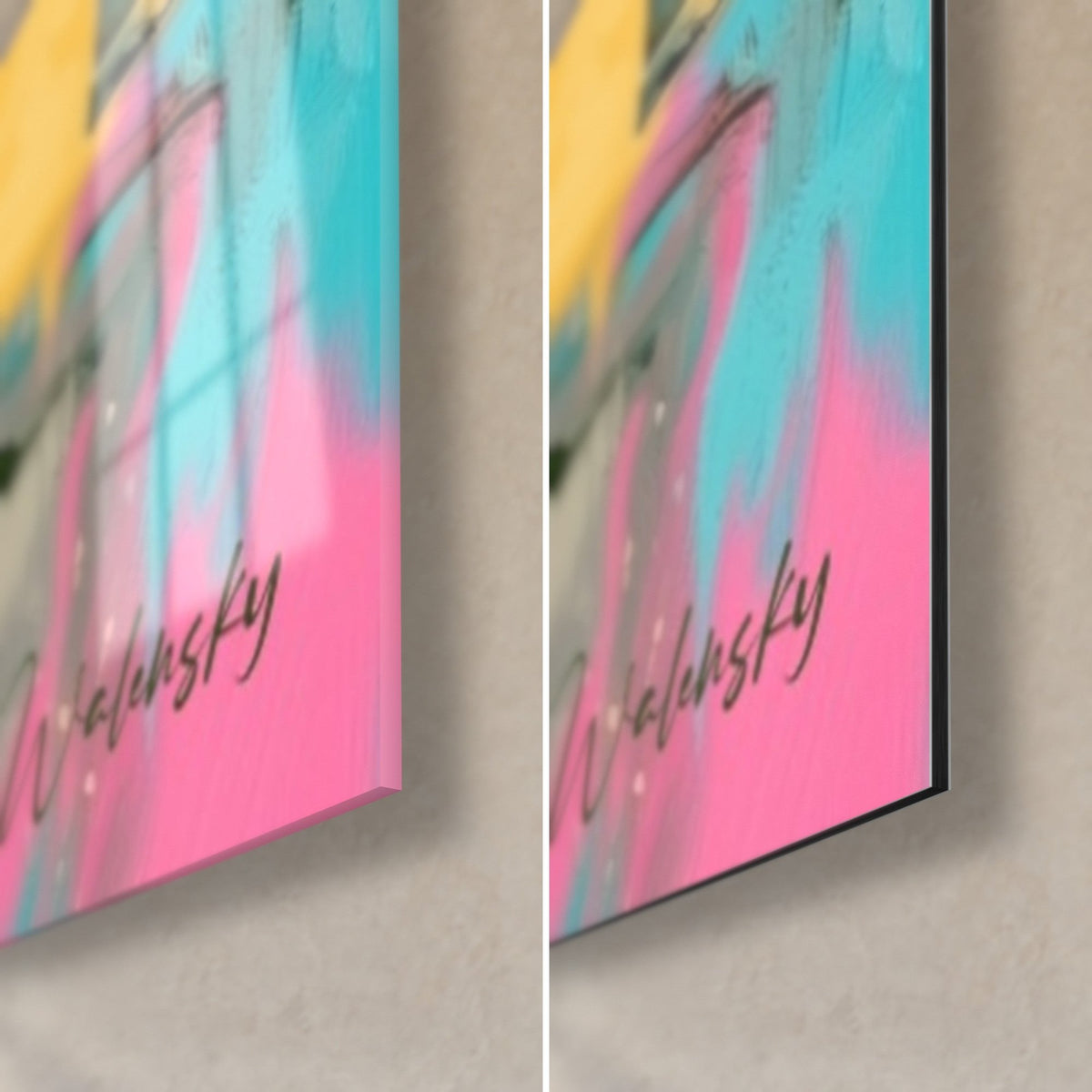 Wall art of a military figure in a turquoise cape, Walensky pink signature bottom right, glossy glass on the left, matte black Dibond on the right