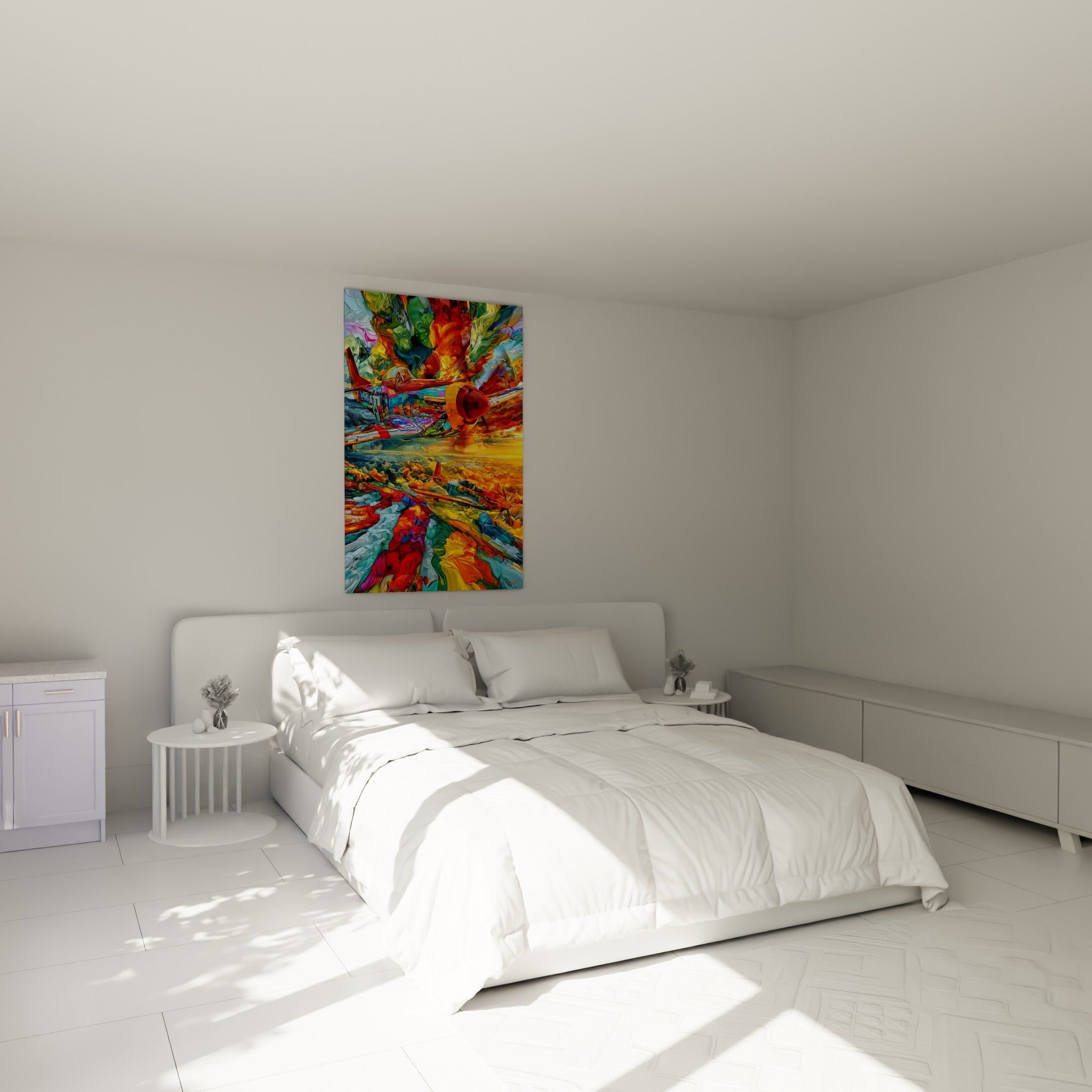 Avions de chasse aux teintes rouges et dorées traversant un ciel flamboyant, au-dessus d'un lit dans une chambre claire