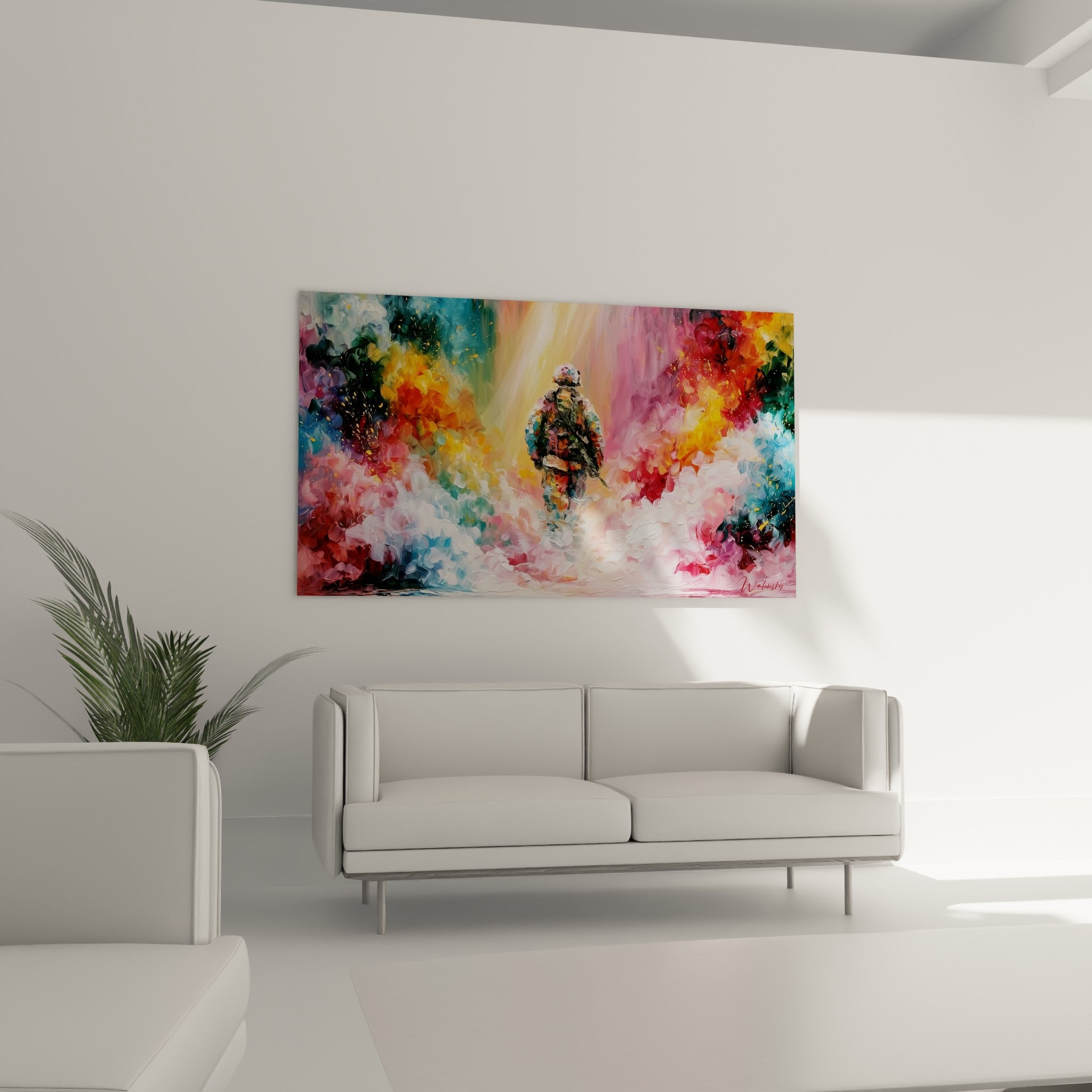 Figure du soldat cernée de nuées blanches et fuchsia, disposée au-dessus d'un canapé dans un salon lumineux