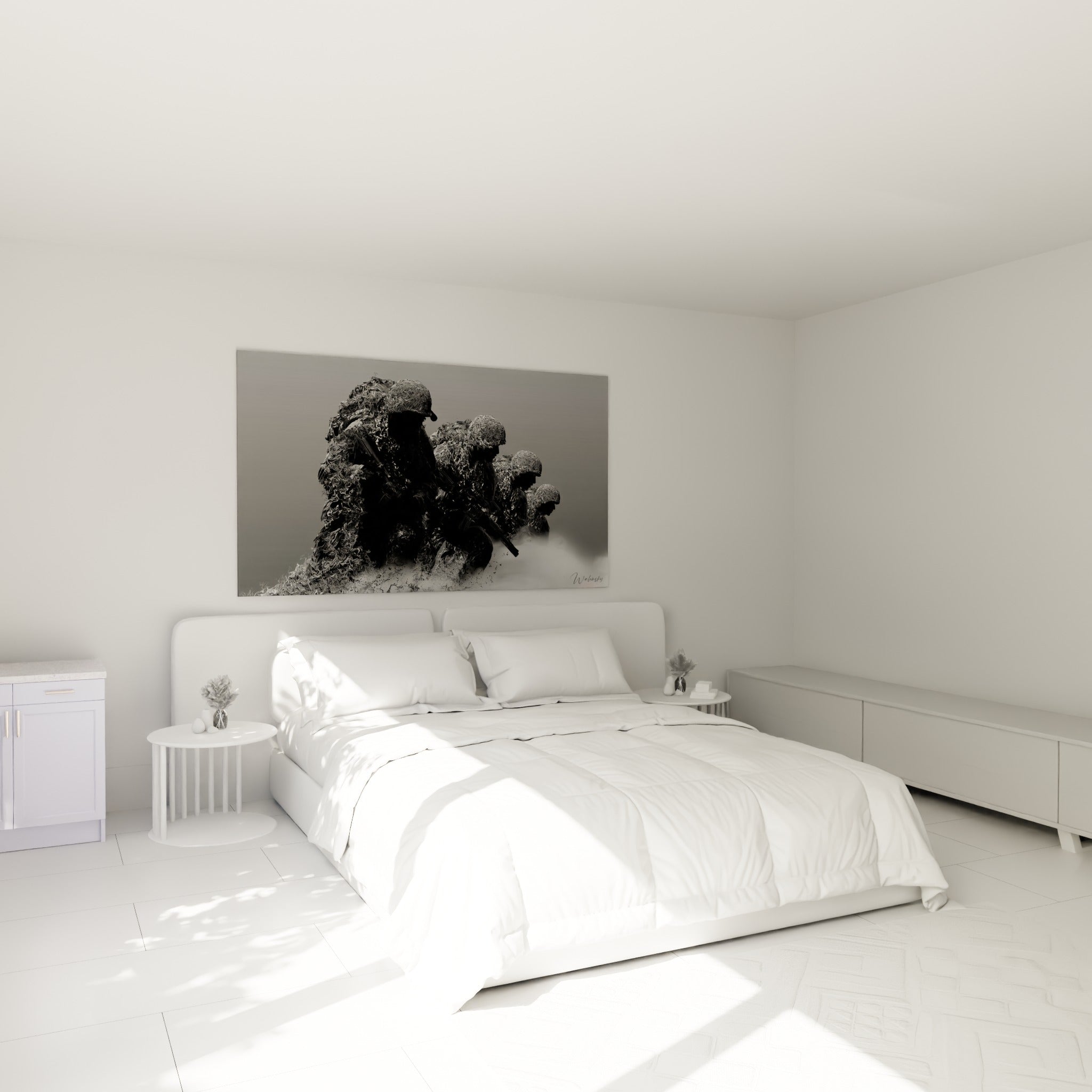 Formation militaire aux tons anthracite et gris fumé, accrochée au-dessus d'un lit dans une chambre claire