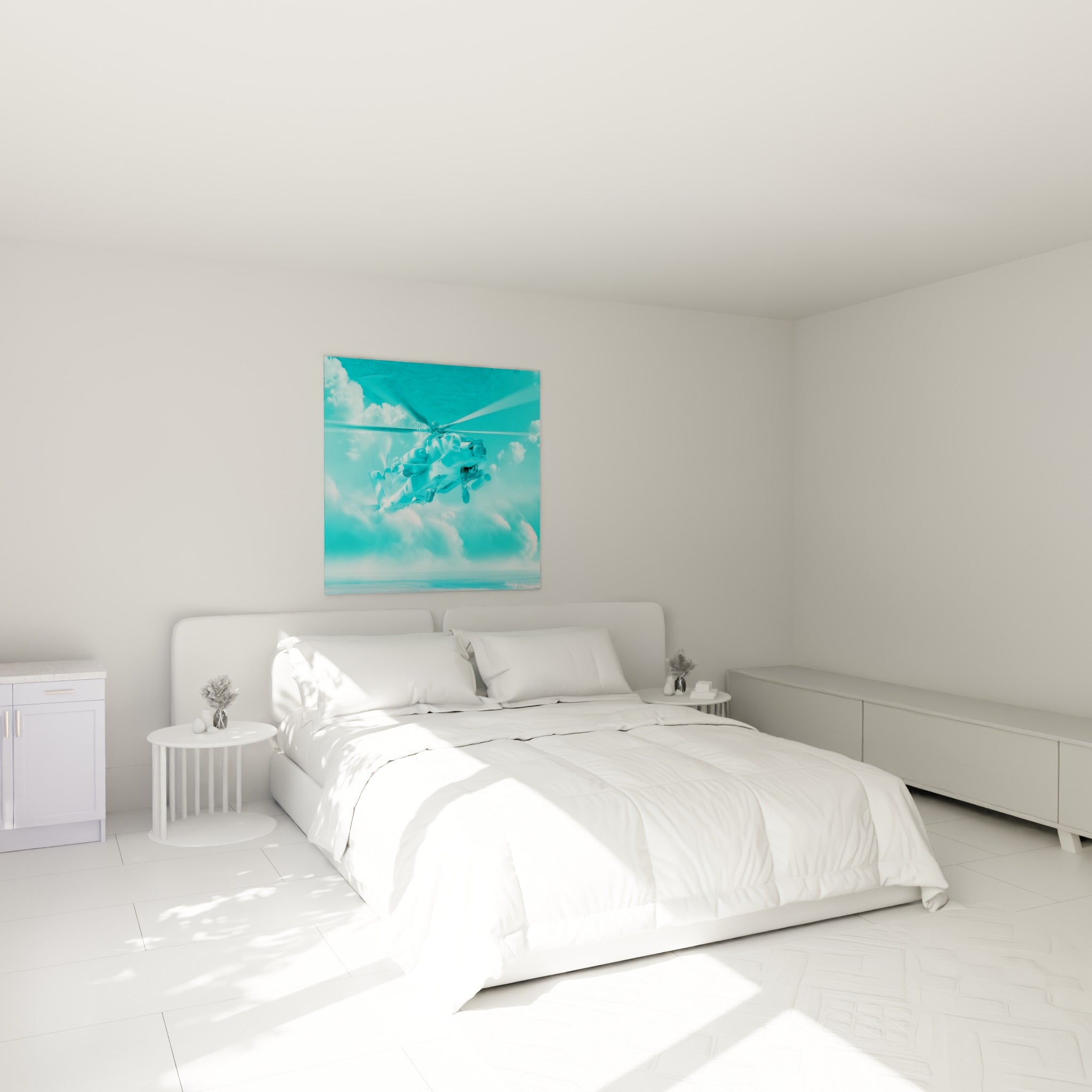 Appareil militaire bleu turquoise au-dessus d'un lit dans une chambre claire