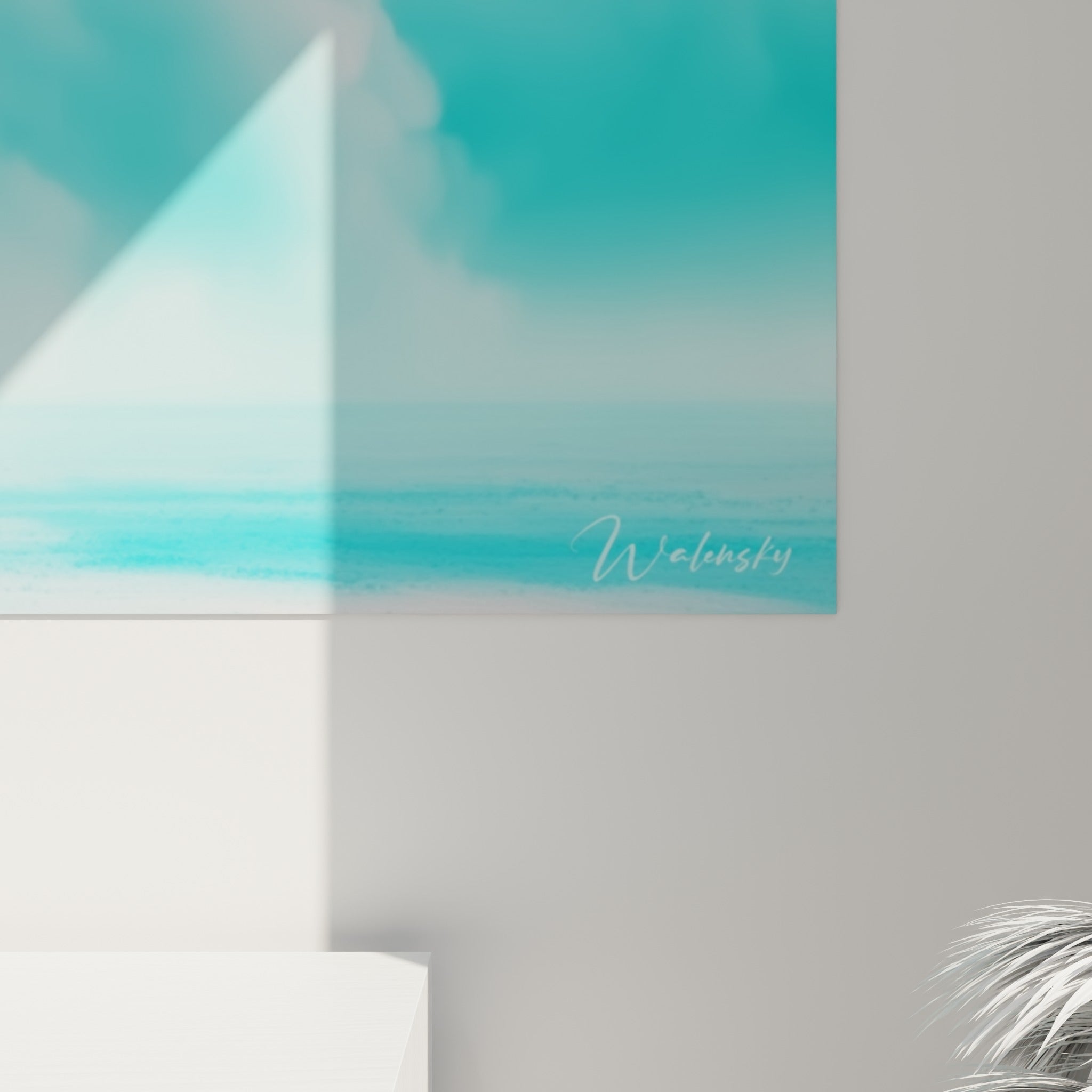 Détail du rotor flou et des reflets turquoise et blanc, révélant le grain et la matière de l'impression