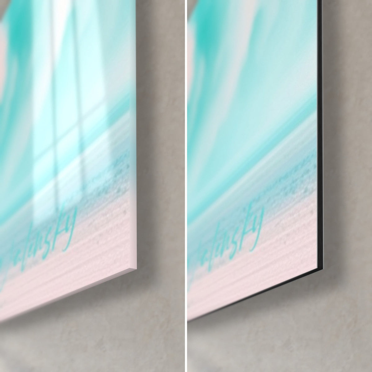 Tableau voilure tournante turquoise, coin bas droit : verre acrylique brillant reflets à gauche, alu Dibond mat noir à droite