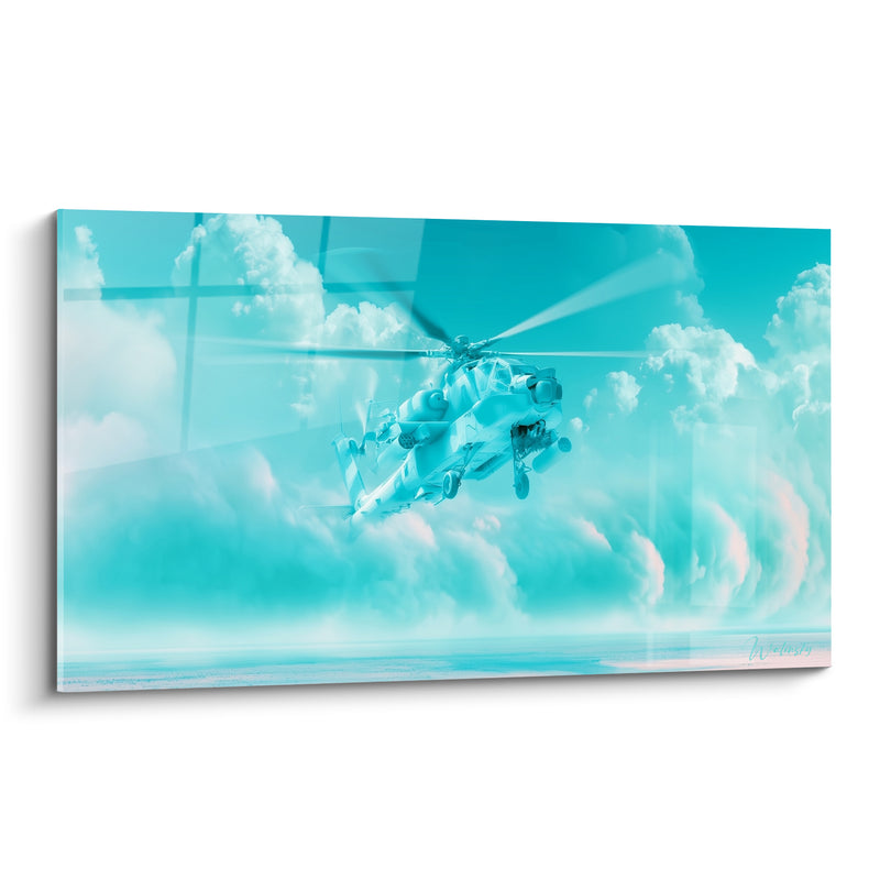 Tableau Hélicoptère turquoise aux rotors filants - Envol céleste - Edition Militaire