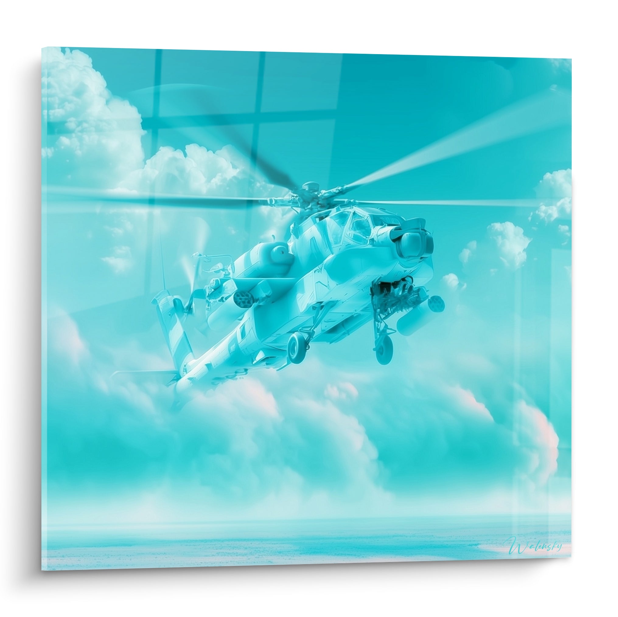 Hélicoptère de combat turquoise et blanc survolant des nuages, pales en mouvement