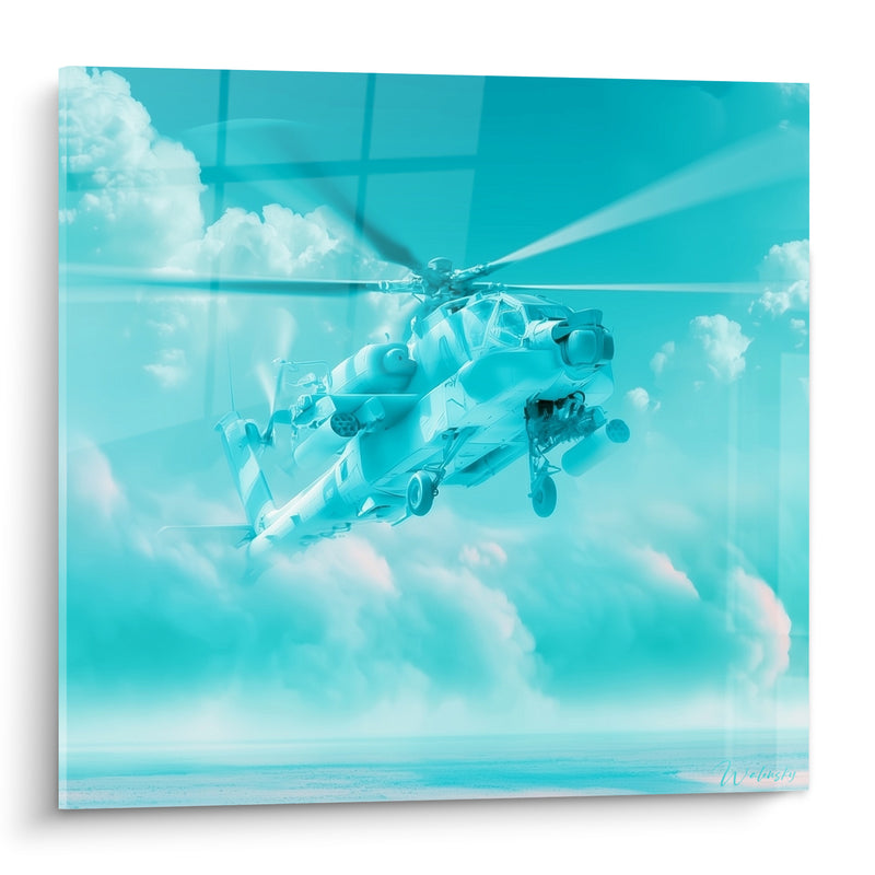 Tableau Hélicoptère turquoise et blanc entre les nuages - Vol en altitude - Edition Militaire