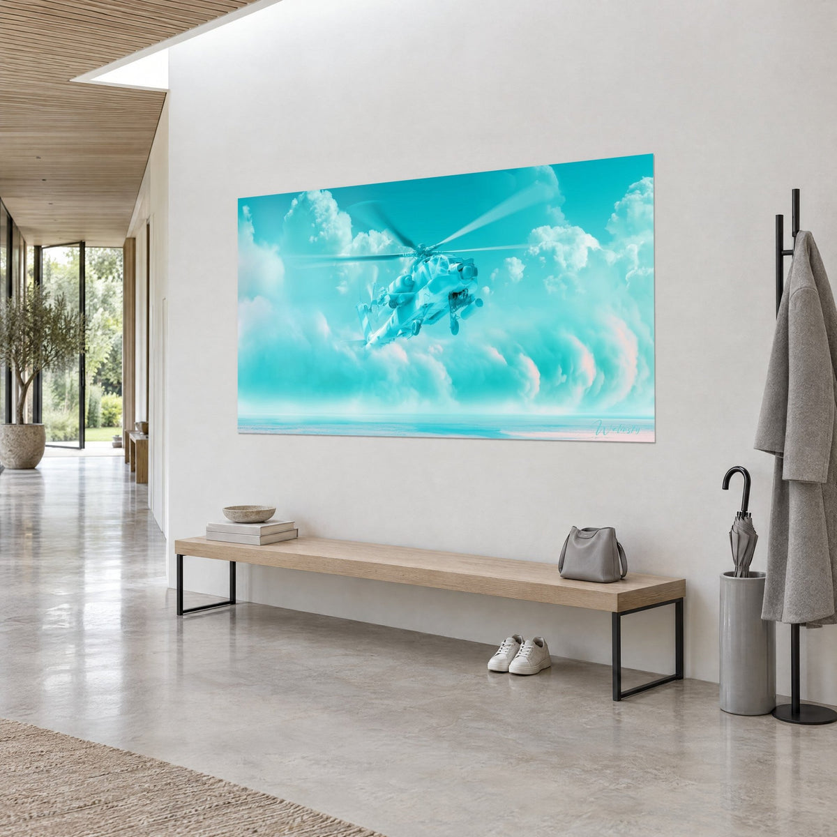 Tableau appareil de combat voilé de turquoise et de rose pâle, nuages cotonneux et rotors flous, mur blanc et banc en bois