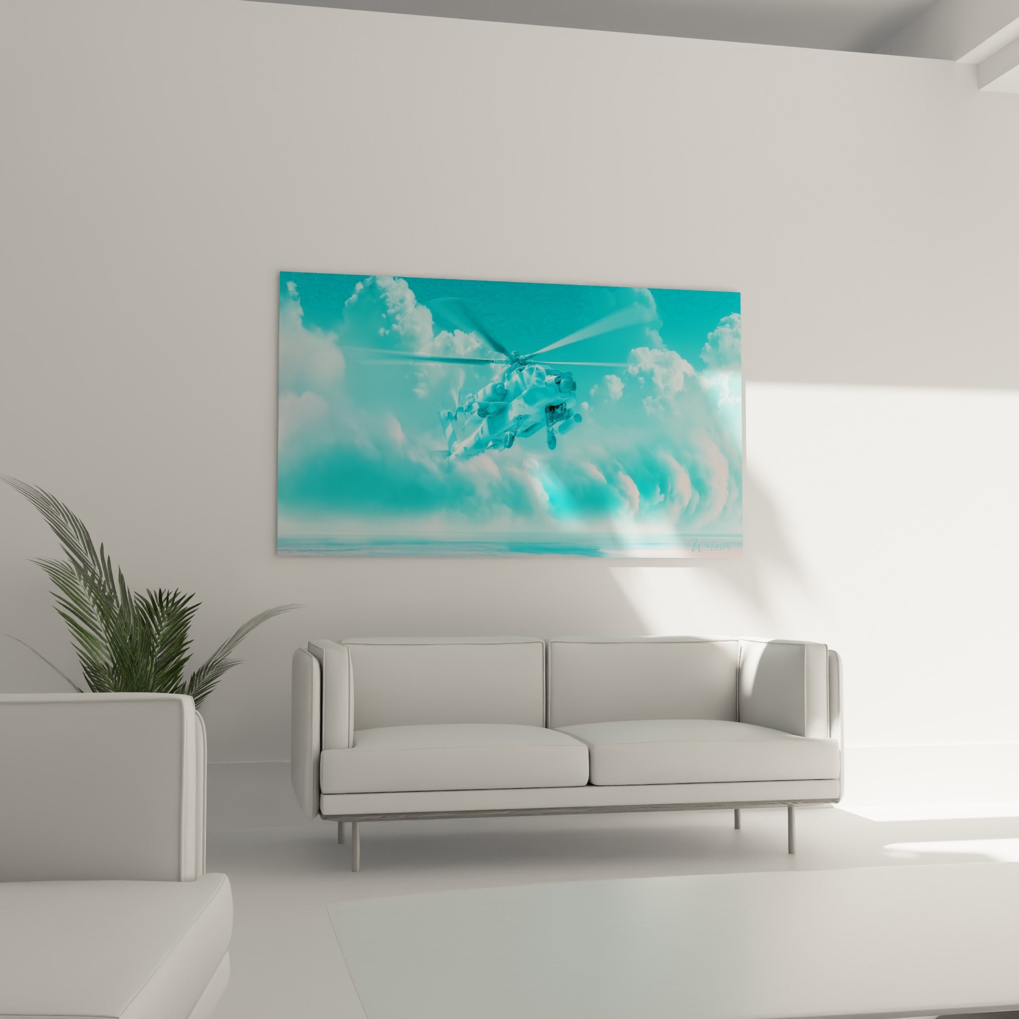 Rotors flous d'un hélicoptère turquoise survolant la mer, au-dessus d'un canapé dans un salon lumineux