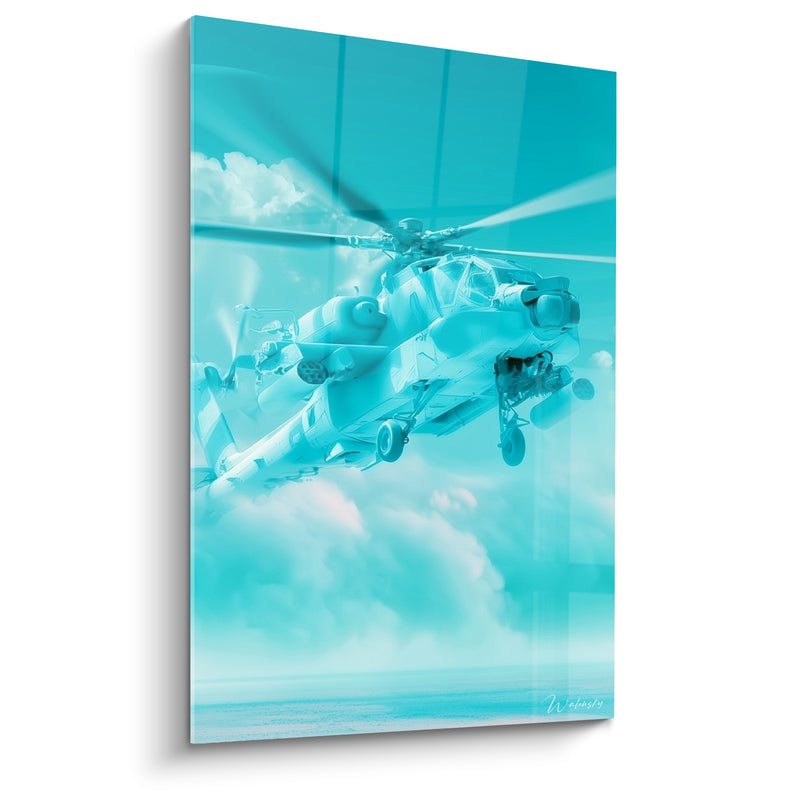 Tableau Hélicoptère turquoise et blanc en vol - Vol au-dessus des nuages - Edition Militaire