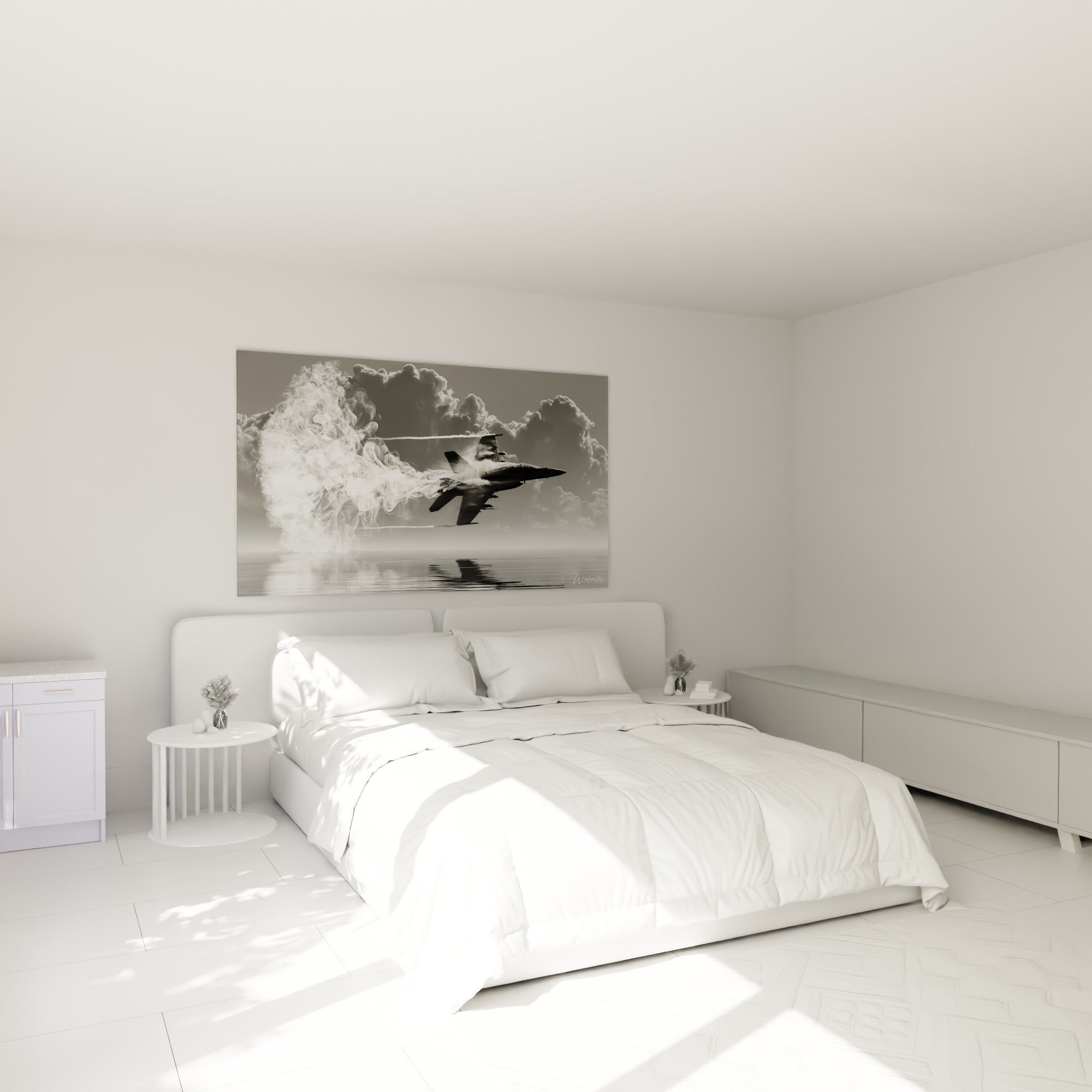 Chasseur militaire noir et blanc filant au-dessus de l'eau, au-dessus d'un lit dans une chambre claire