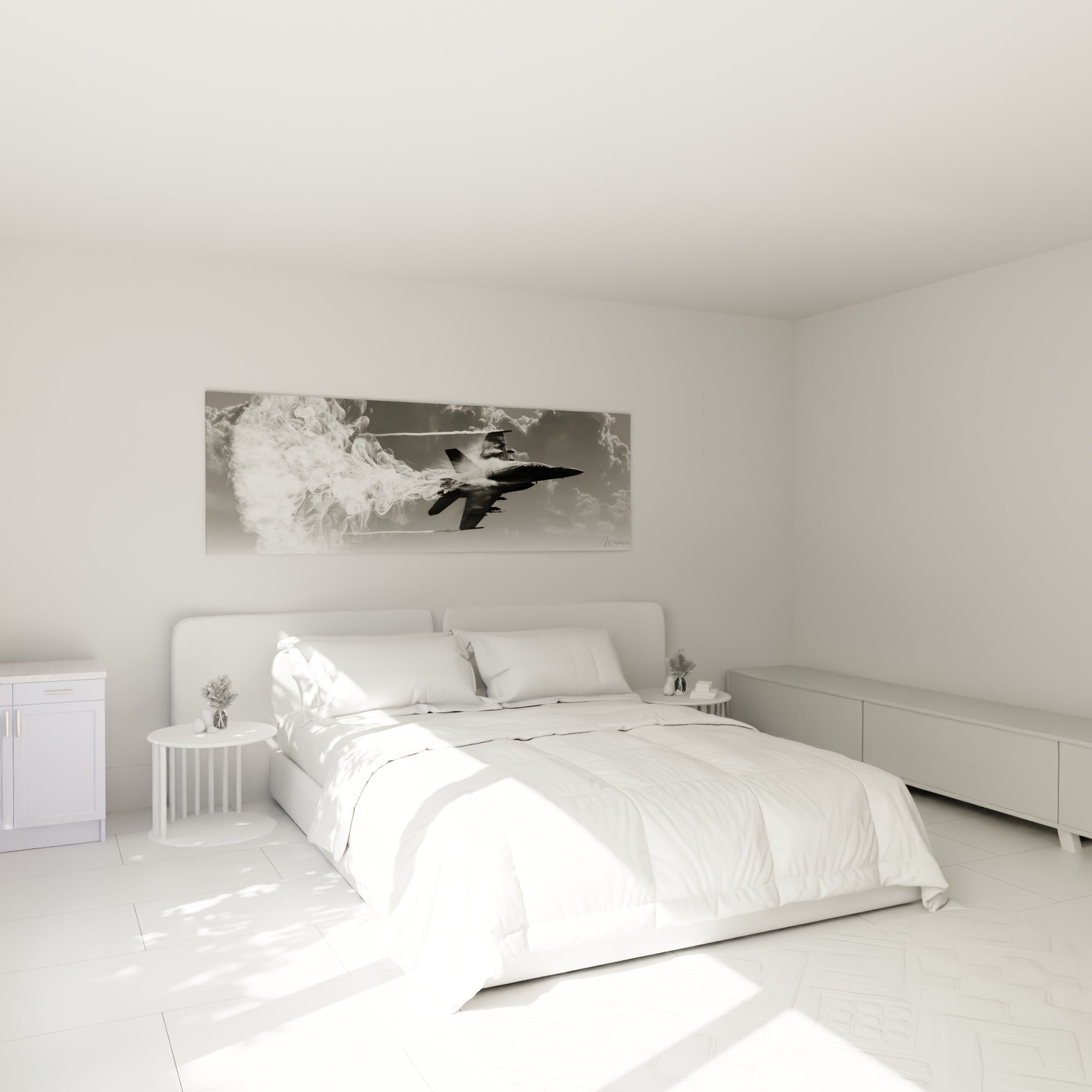 Appareil militaire gris et blanc fendant les nuages, au-dessus d'un lit dans une chambre claire