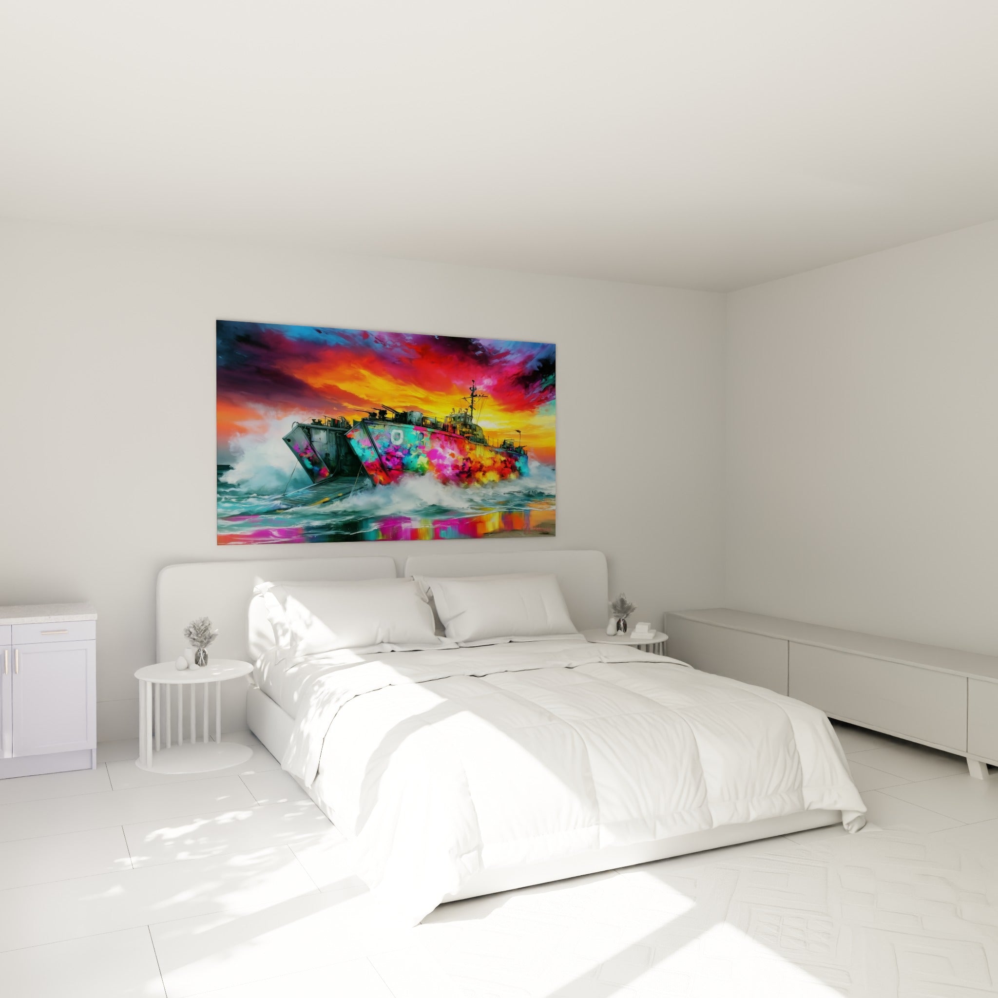 Navire militaire fauve et magenta traversant des vagues, accroché au-dessus d'un lit dans une chambre claire