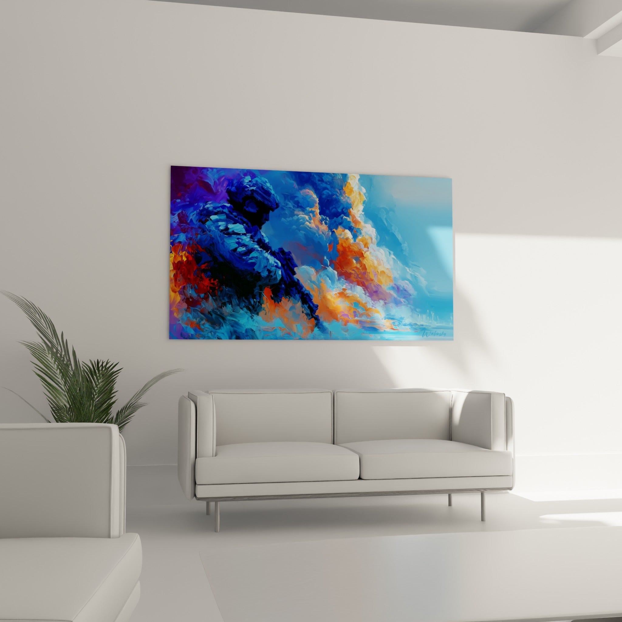 Nuage coloré bleu marine et orange incandescent, matière texturée, au-dessus d'un canapé dans un salon lumineux