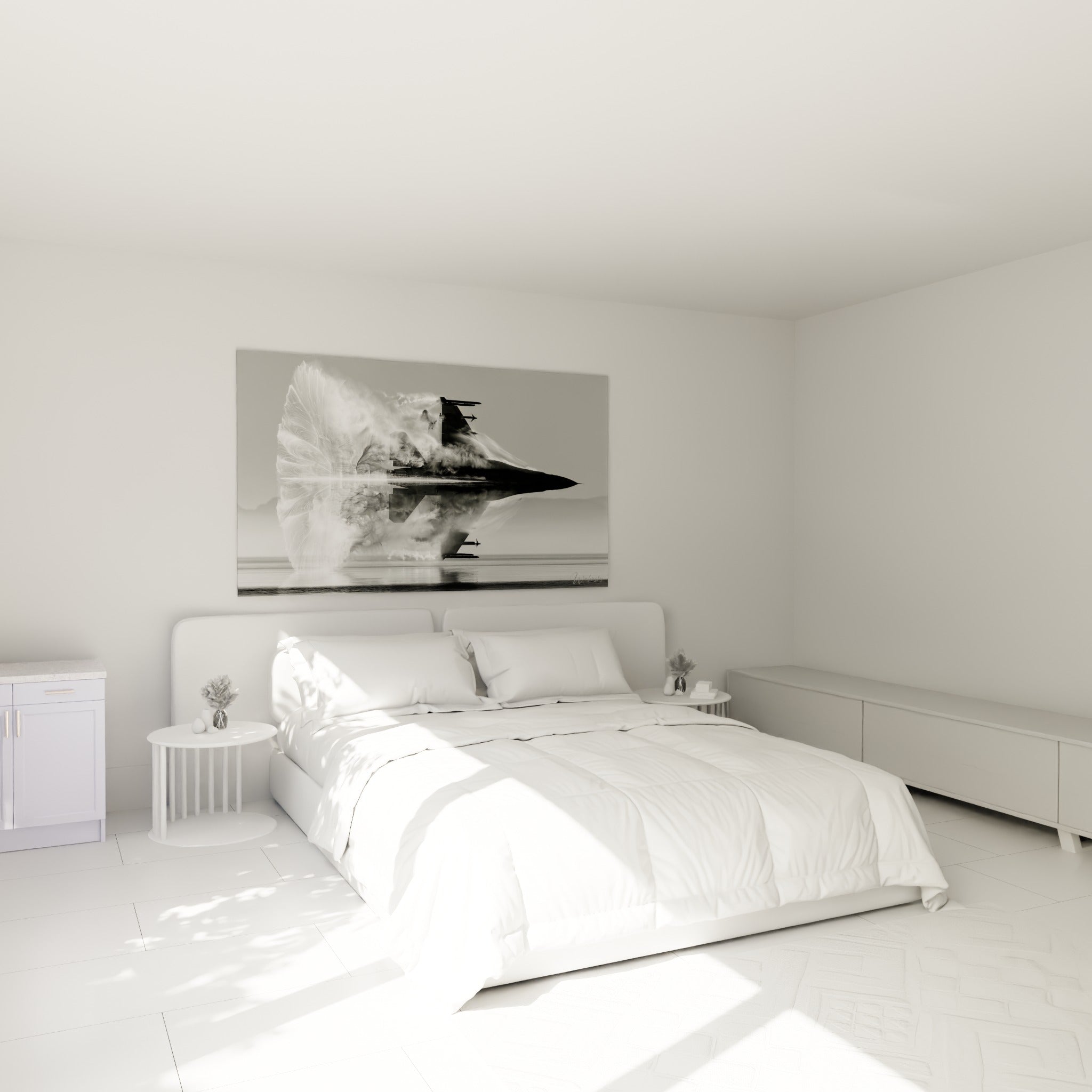 Appareil militaire gris et blanc franchissant le mur du son, accroché au-dessus d'un lit dans une chambre claire