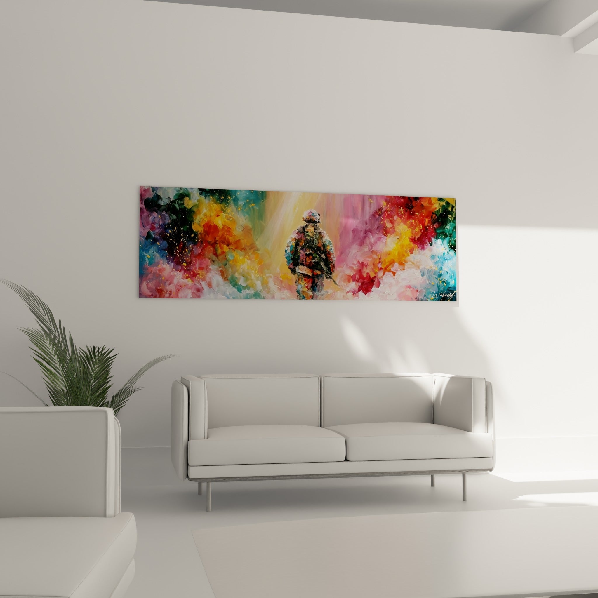 Silhouette de soldat enveloppée de fumée colorée orangée et bleu sarcelle, au-dessus d'un canapé dans un salon lumineux