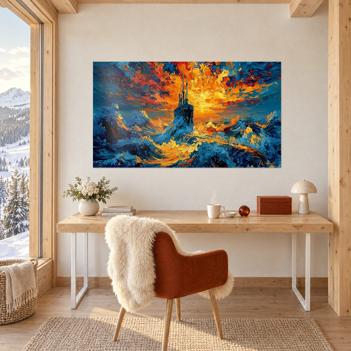 Schilderij van een onderzeeër met zijn antennes in een storm van blauwe en gouden golven, witte muur van een lichte houten kantoor
