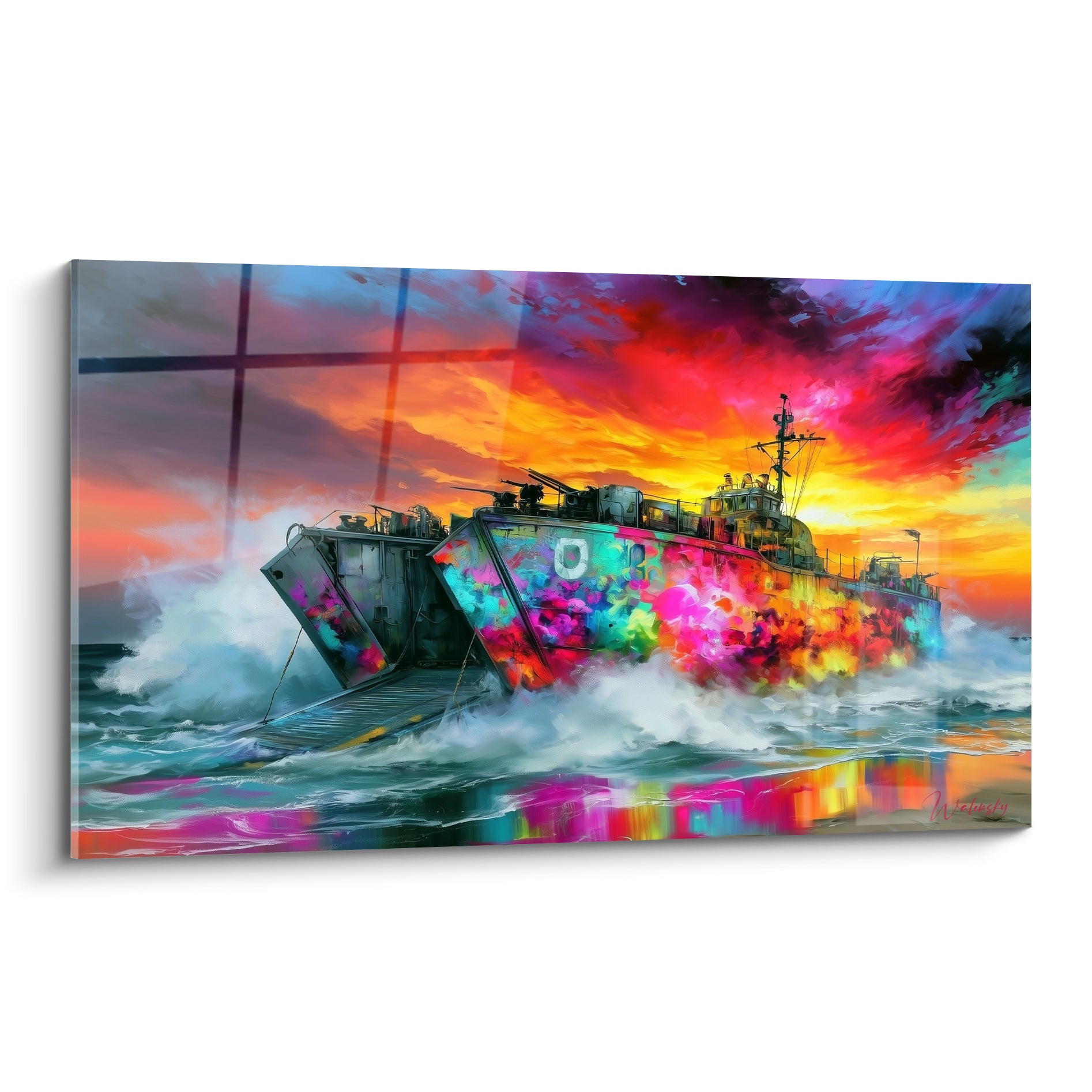 Péniche de débarquement militaire aux couleurs turquoise et rouge sous un ciel embrasé et une mer écumante