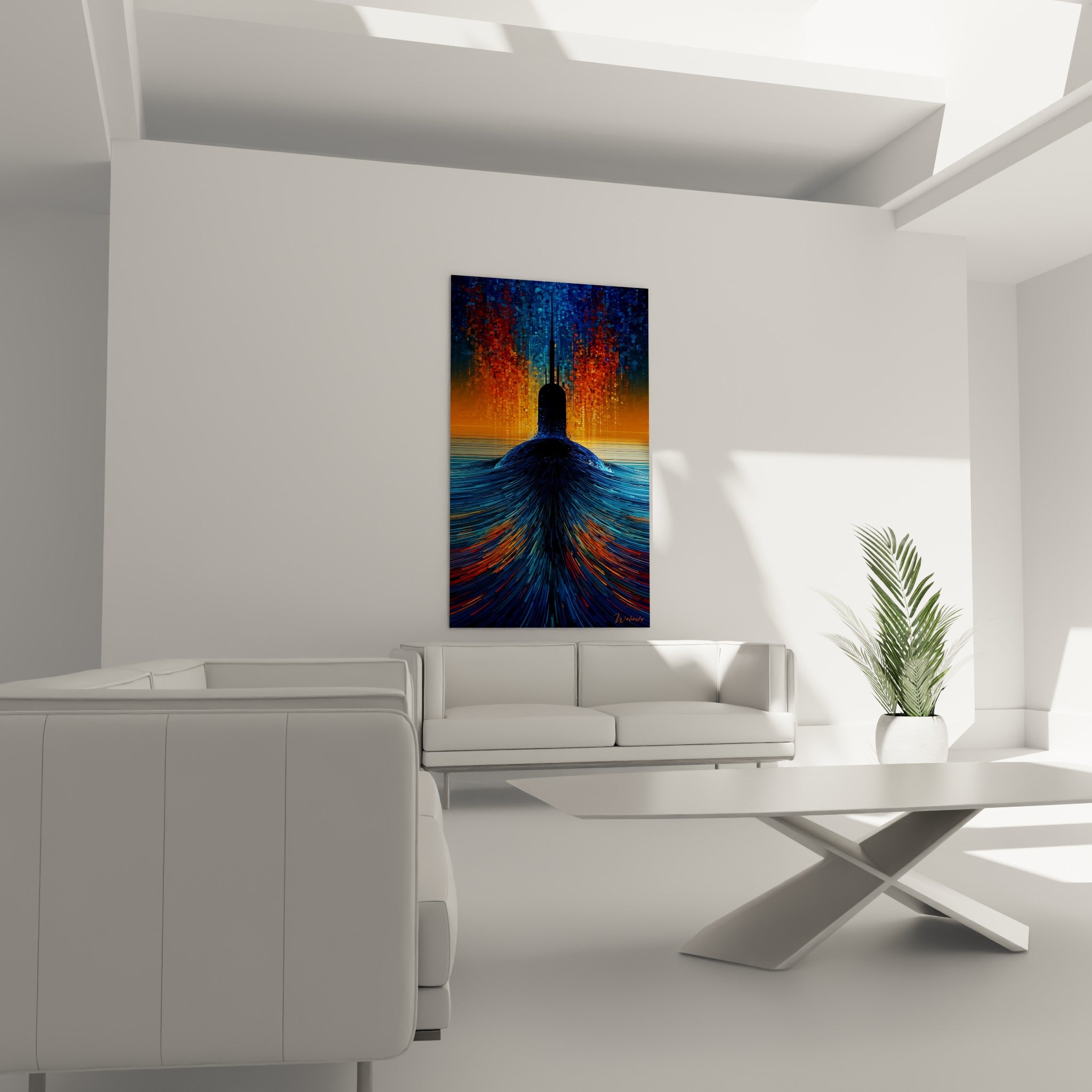 Périscope noir se détachant sur fond bleu et orange flamboyant, au-dessus d'un canapé dans un salon lumineux