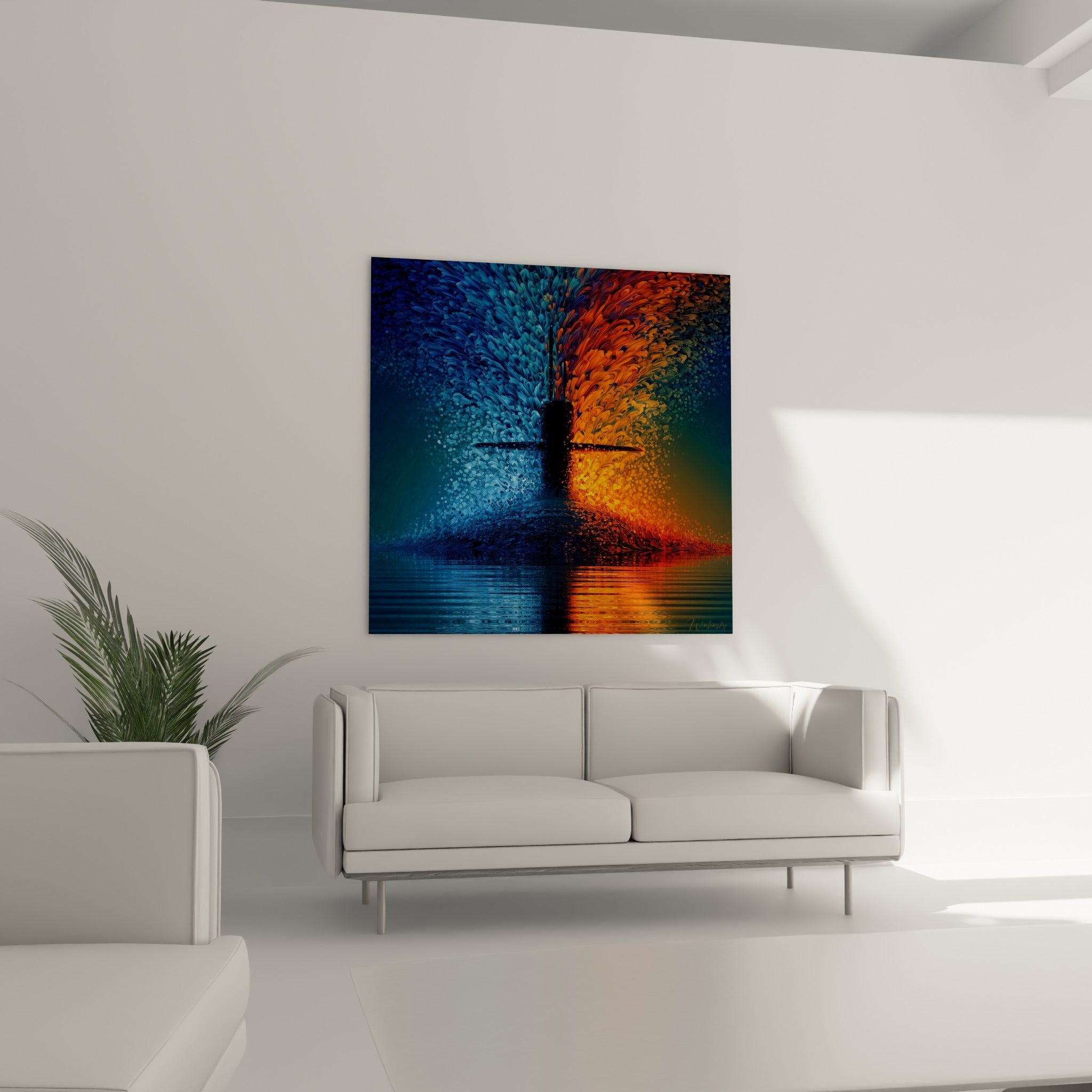 Périscope levé sur fond d'explosion turquoise et ambre, au-dessus d'un canapé dans un salon lumineux