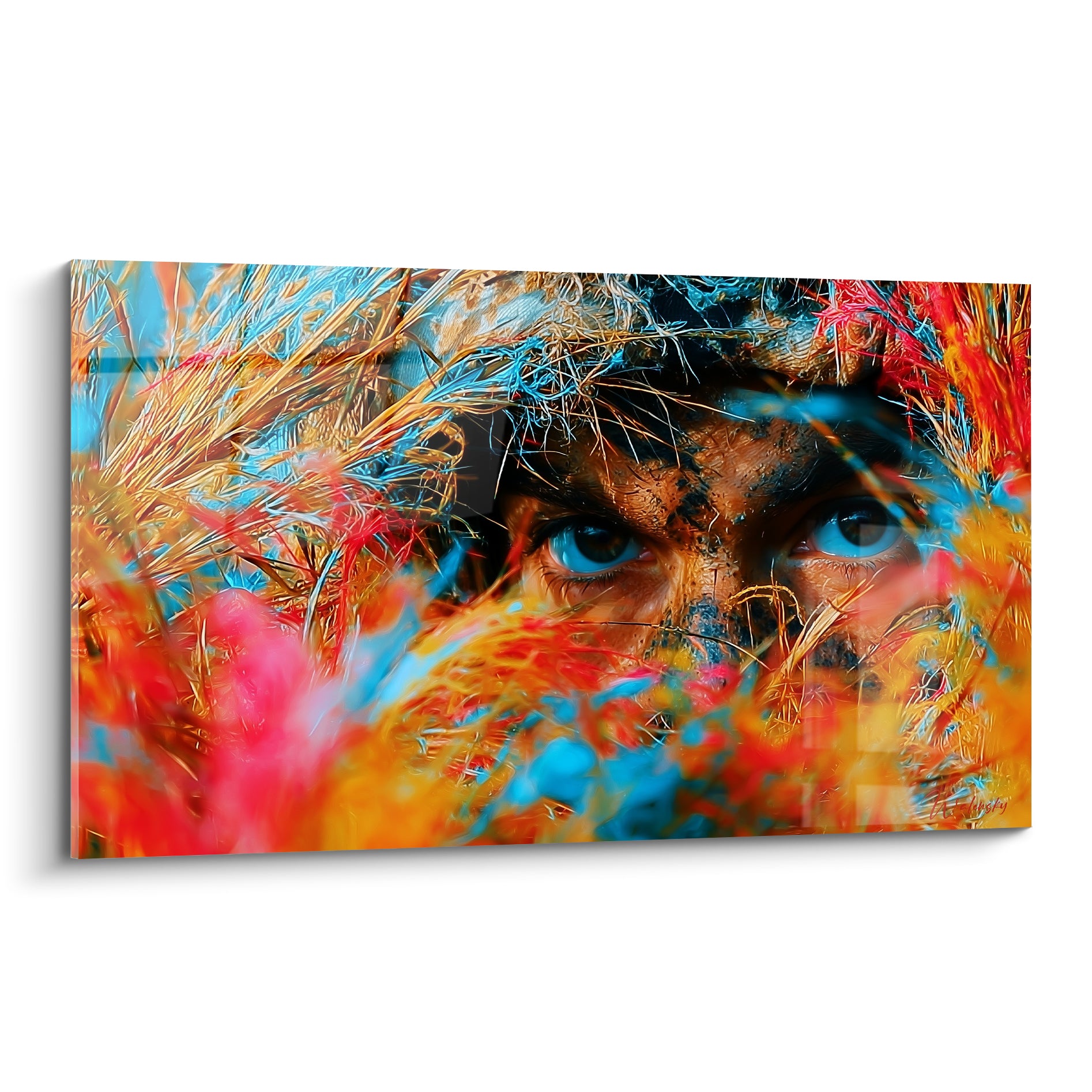 Regard bleu perçant militaire camouflé sous herbes orange et turquoise éclatantes