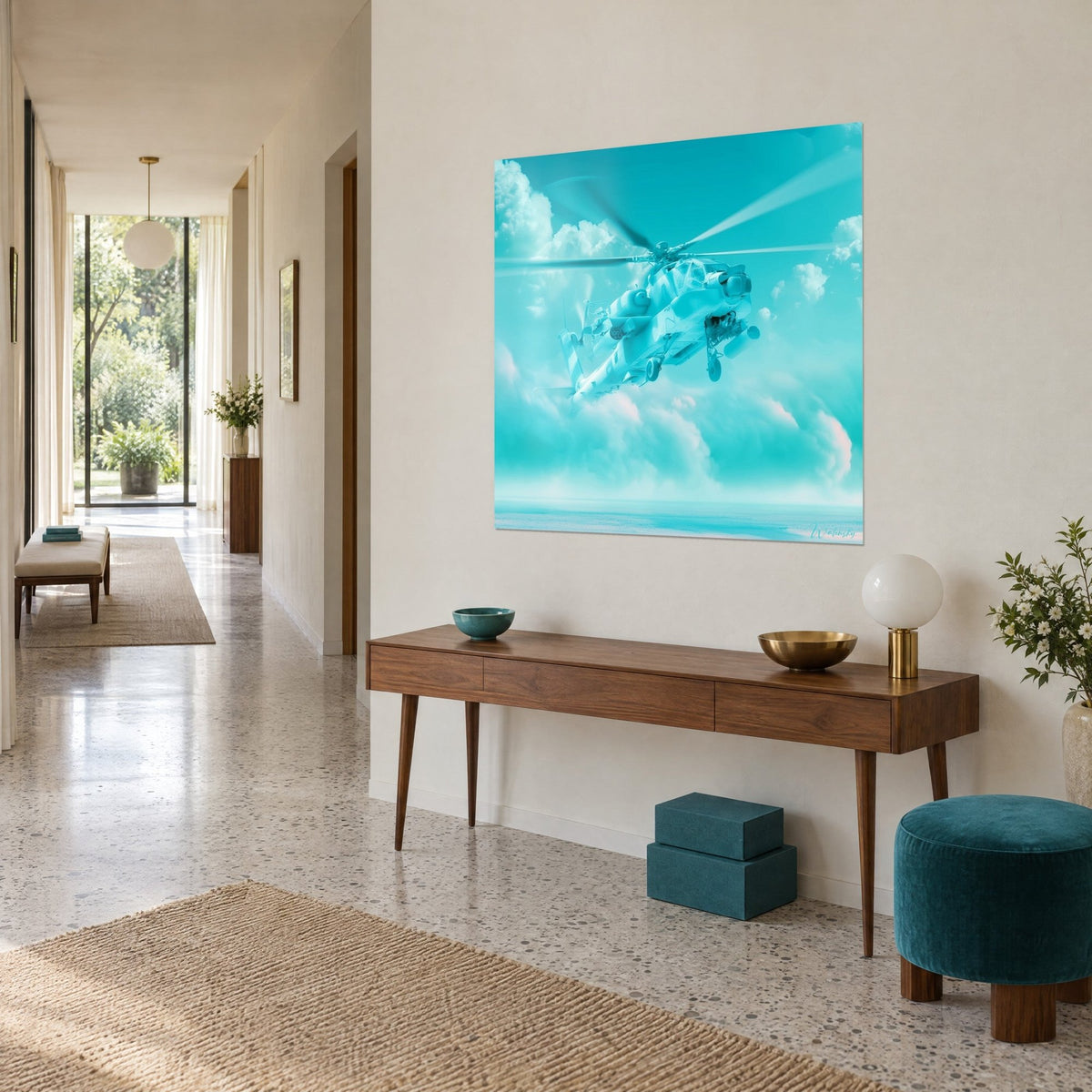 Tableau appareil de combat bleu glacier en plein vol, ciel turquoise et nuages ouatés, sur un mur crème près d'une console en bois