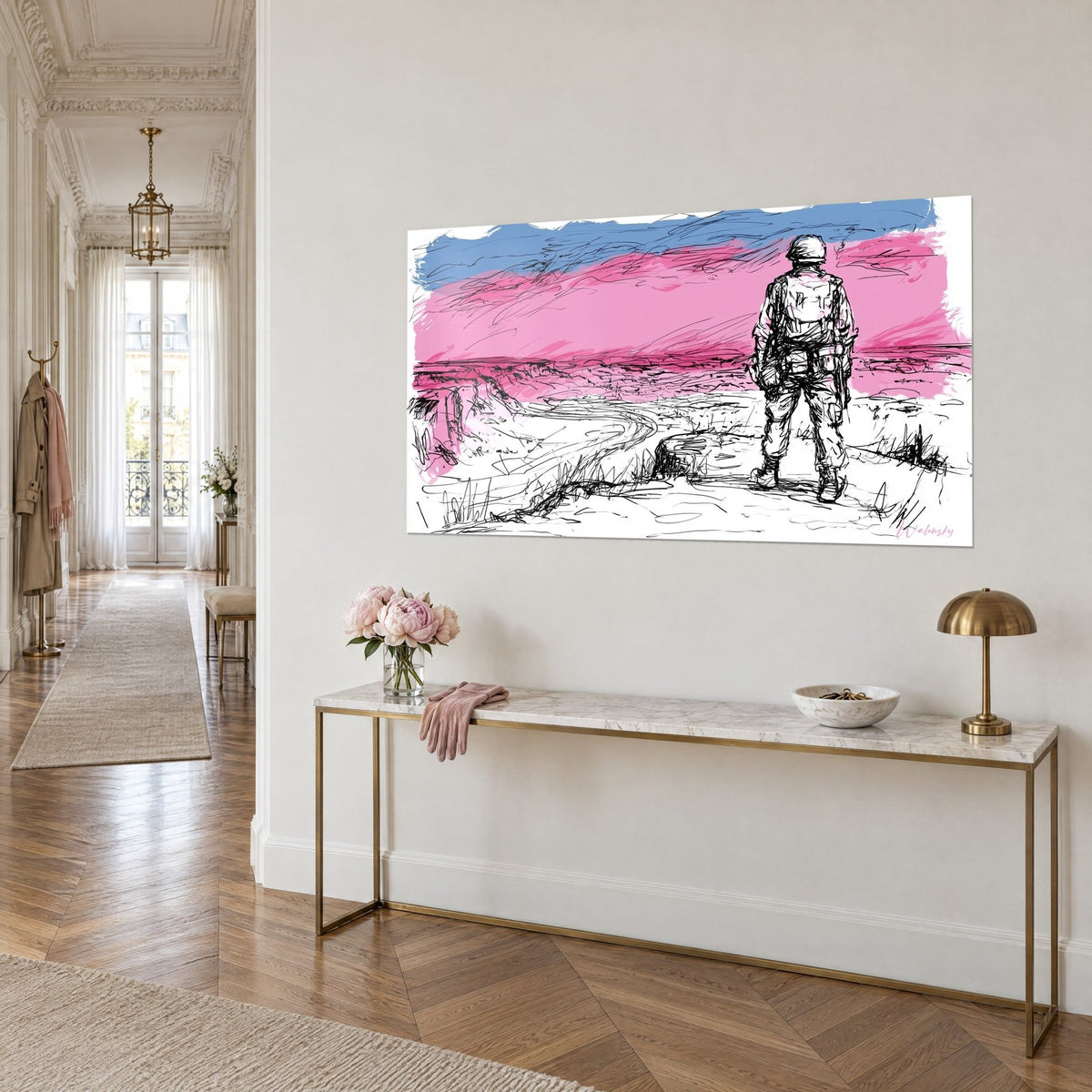 Tableau militaire en pied contemplant une plaine blanche griffonnée, ciel fuchsia et bleu ardoise, au-dessus d'une console dorée