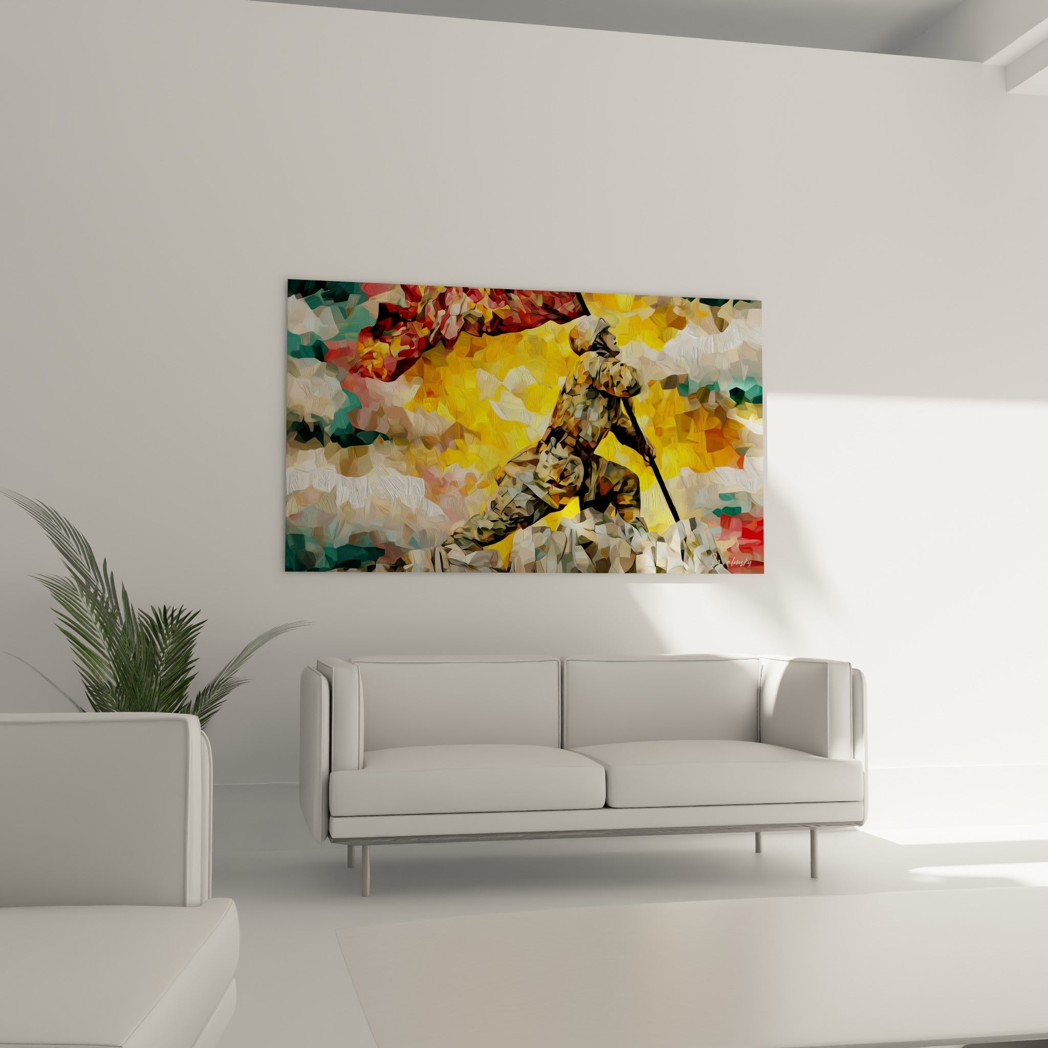 Silhouette militaire camouflage brandissant un drapeau rouge sur jaune intense, au-dessus d'un canapé dans un salon lumineux