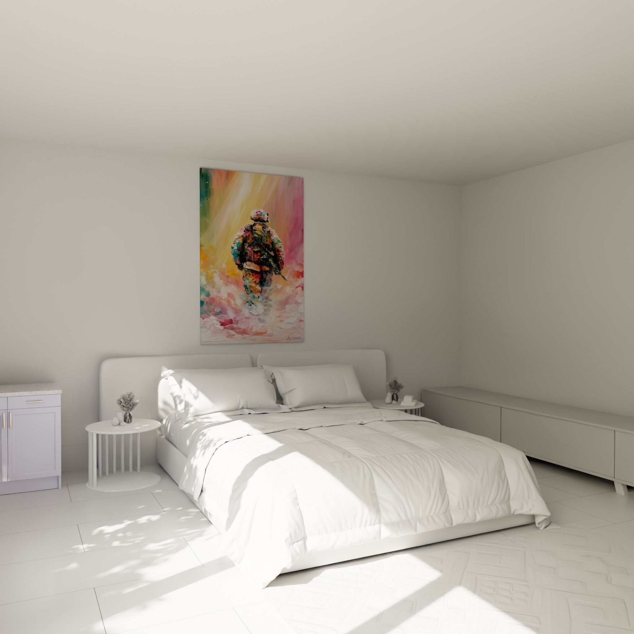 Silhouette militaire en marche, tons roses et dorés, accrochée au-dessus d'un lit dans une chambre claire