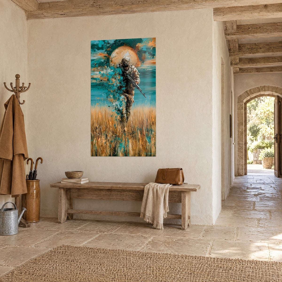 Tableau fantassin en tenue camouflage dissous en éclats turquoise, champ de blés dorés, mur en pierre d'une maison de campagne