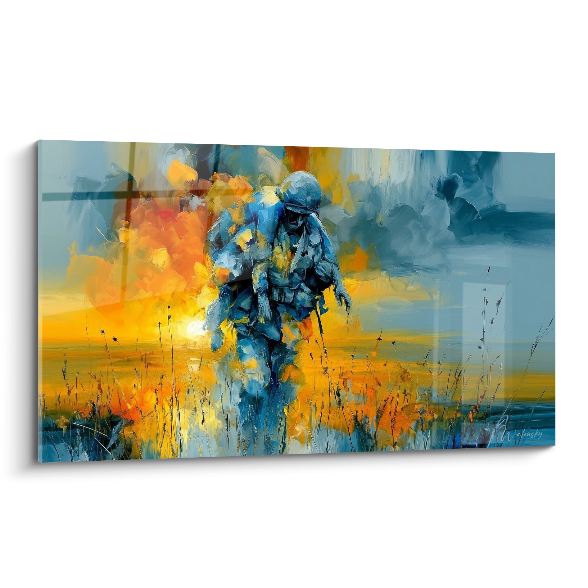 Soldat bleu marine portant son camarade sous un ciel orangé, peinture au style empâté et dramatique