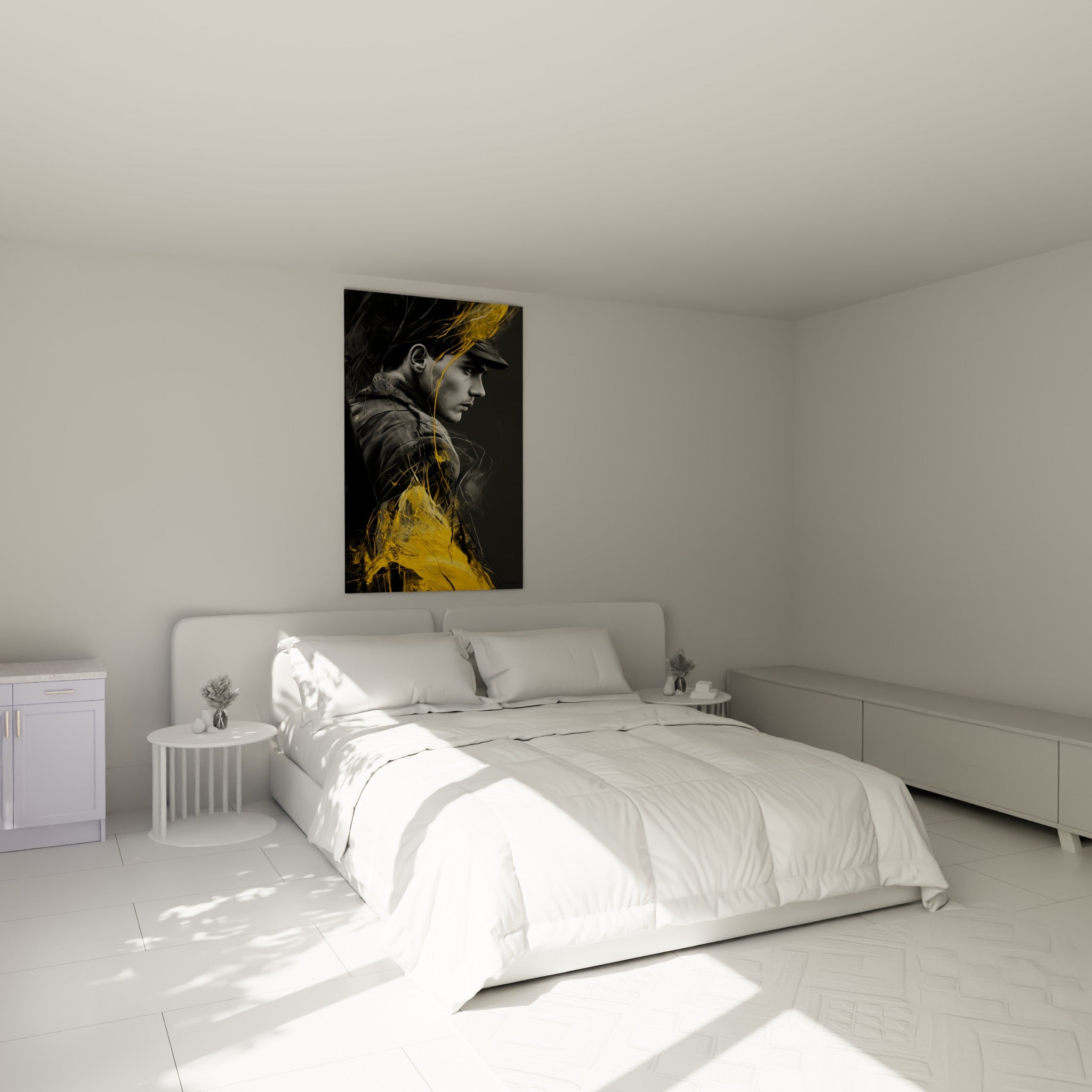 Soldat au regard fixe, teintes grises et jaunes contrastées, accroché au-dessus d'un lit dans une chambre claire