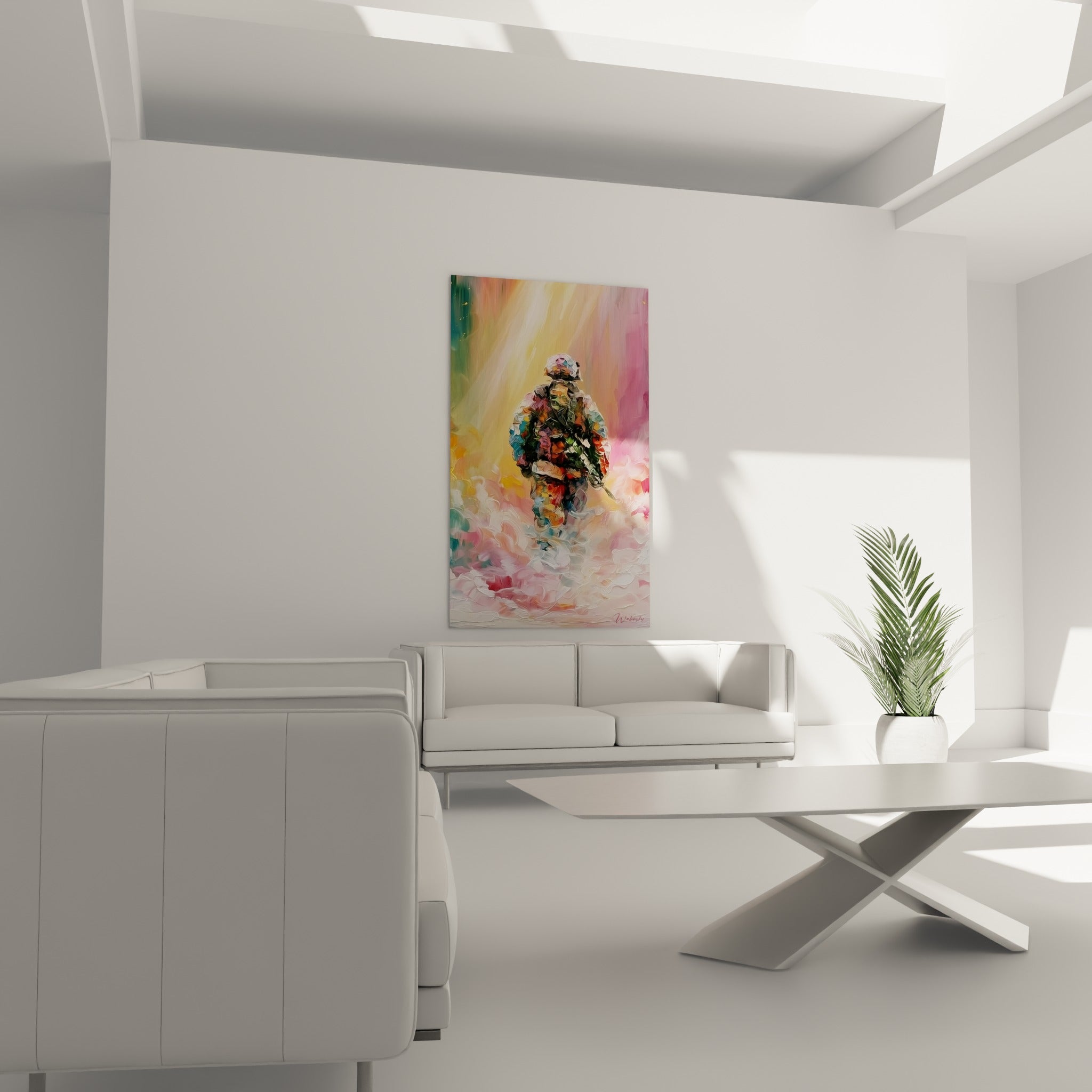 Figure de soldat vue de dos, camaïeu rose corail et bleu vert, au-dessus d'un canapé dans un salon lumineux