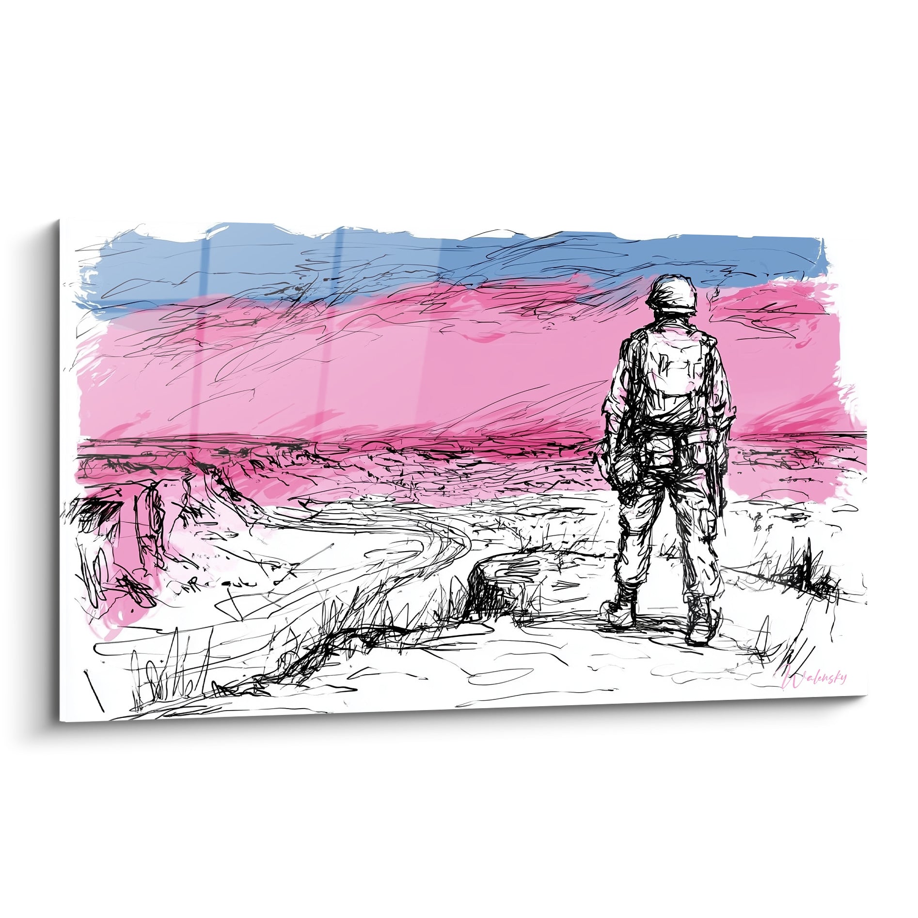 Soldat esquissé de dos face à un horizon rose fuchsia et bleu marine, trait noir sur fond blanc
