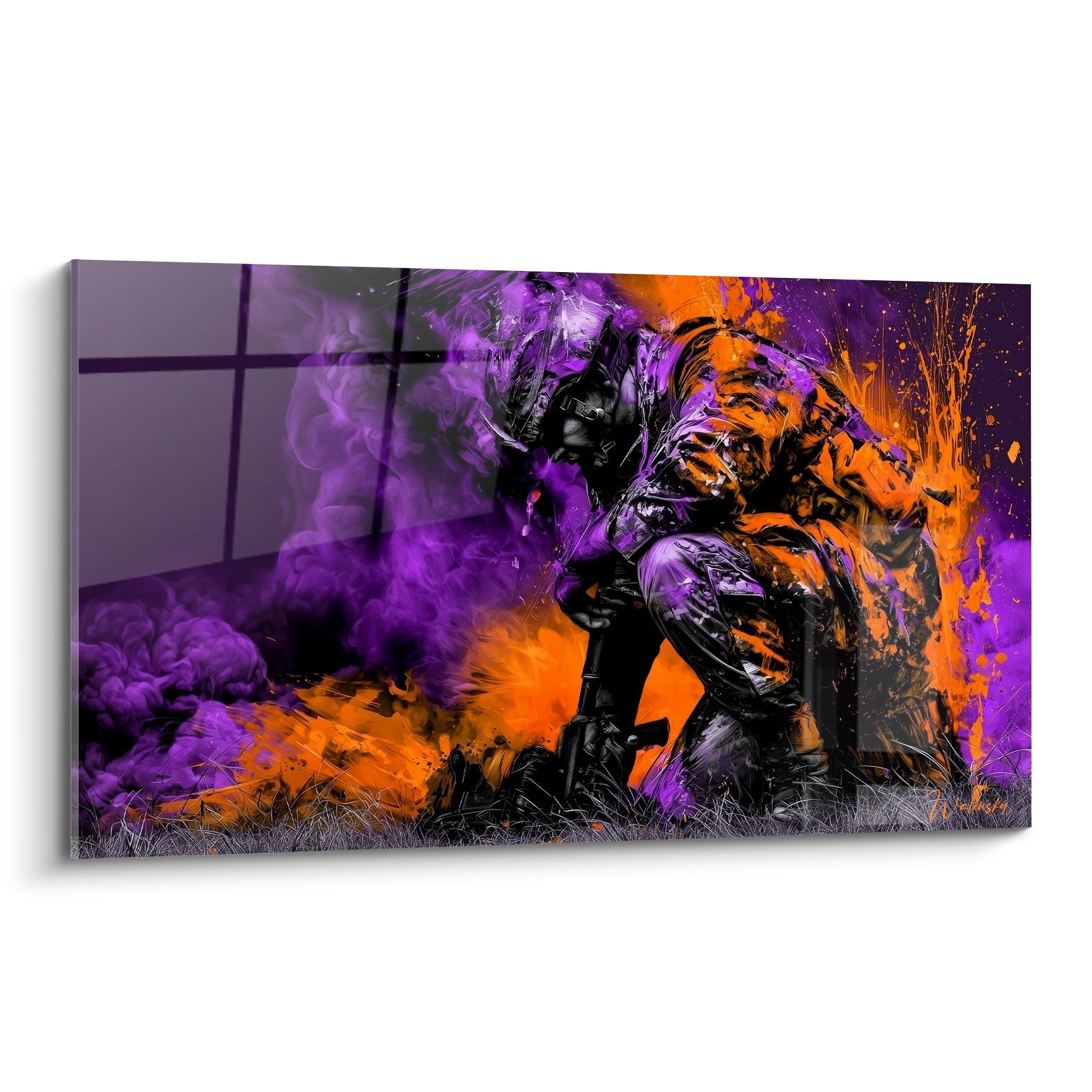 Soldat agenouillé tenue tactique, fumée violette et éclats orange fauve, style pictural intense