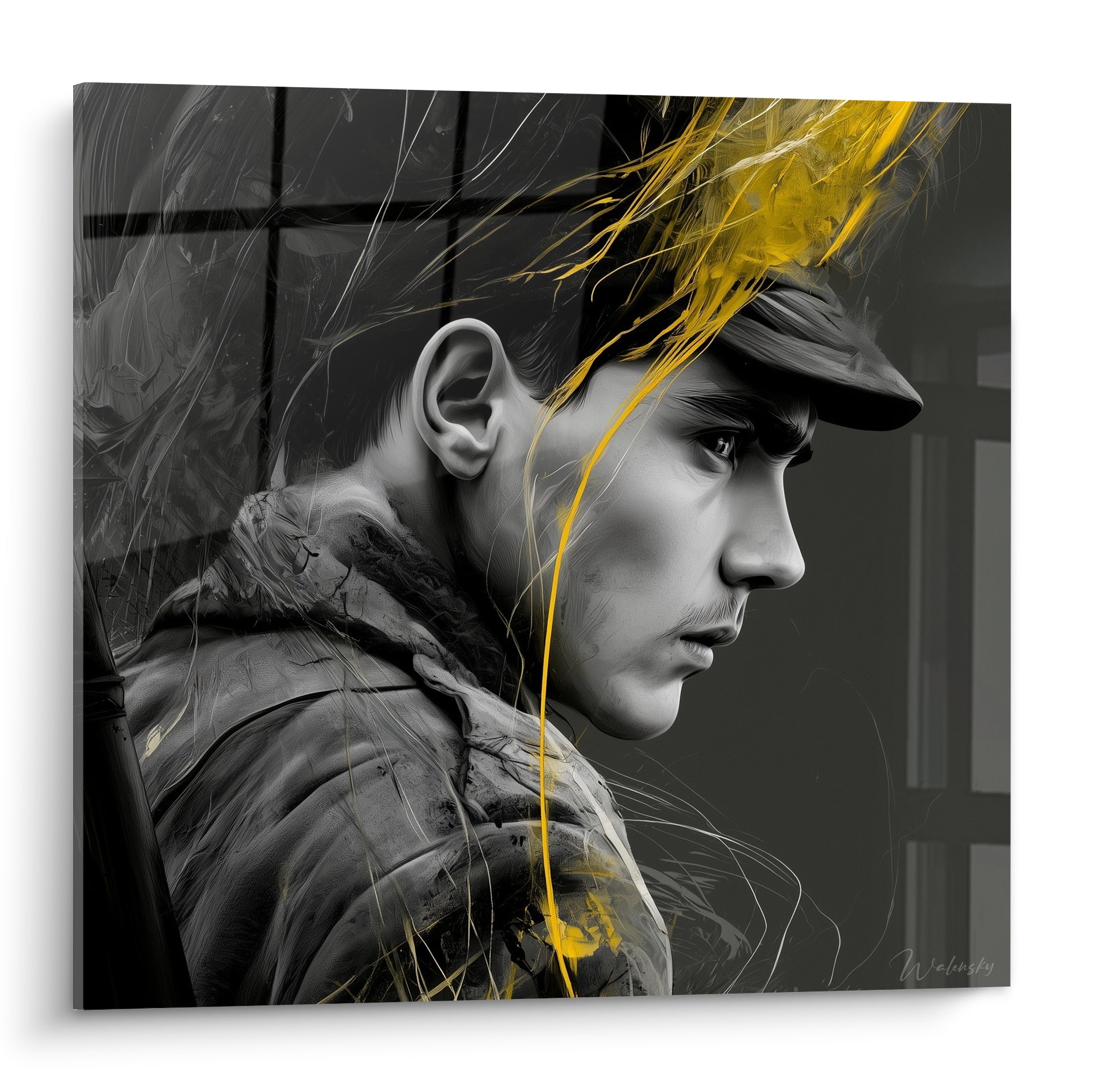 Soldat en profil, casquette grise et jaune doré, portrait anthracite au style esquissé intense