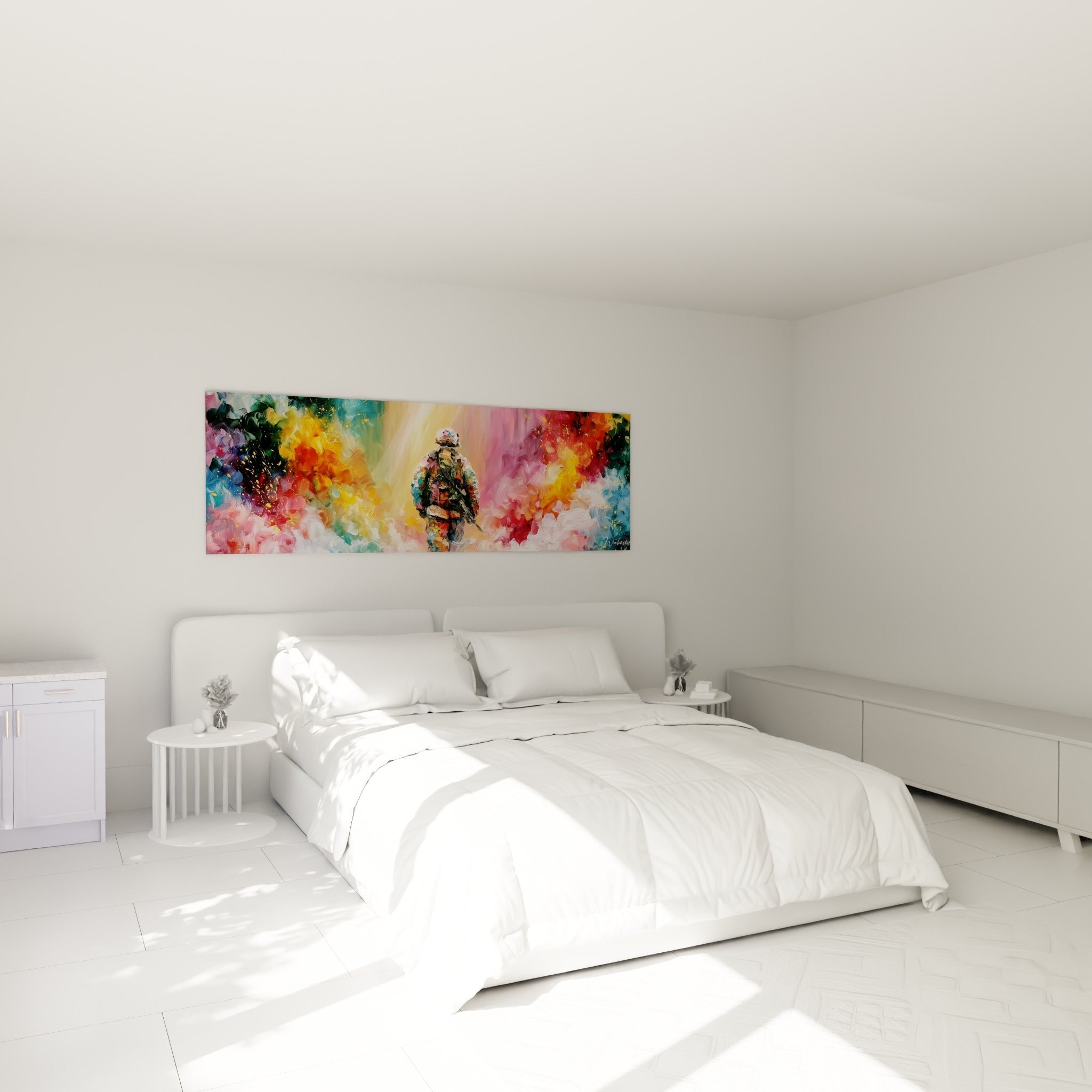 Militaire solitaire traversant une lumière dorée et rose, au-dessus d'un lit dans une chambre claire