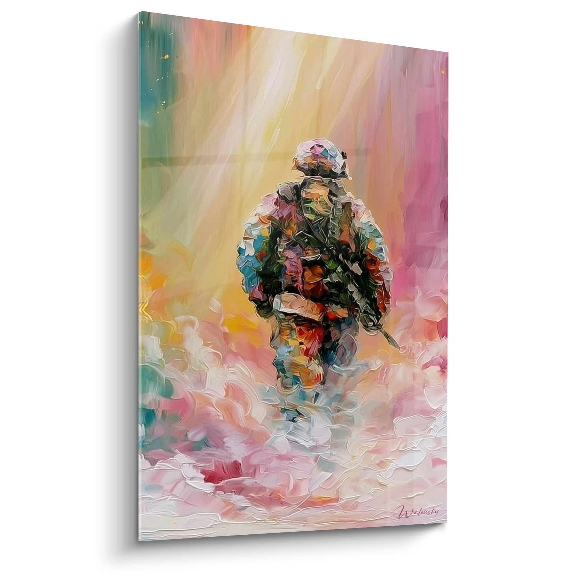 Soldat casqué de dos avançant dans un tableau militaire rose, doré et turquoise texturé