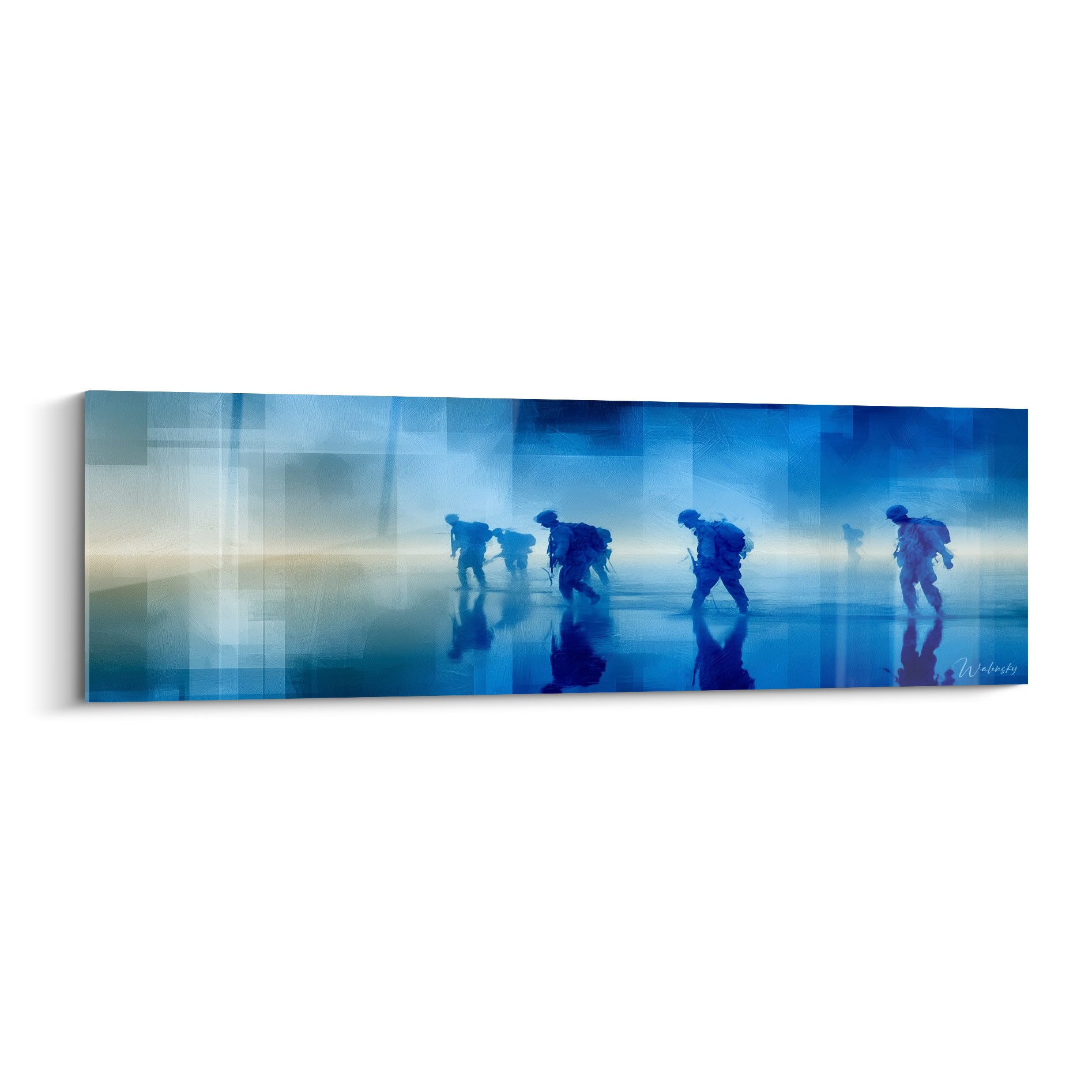 Soldats bleu marine en marche traversent une brume azur texturée dans ce tableau militaire