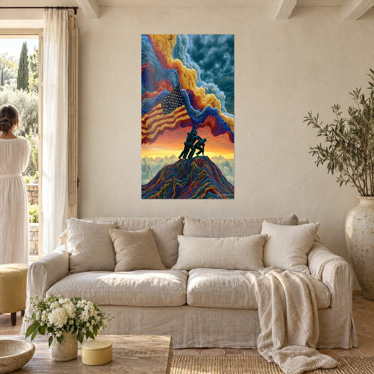 Wall art soldiers raising a star-spangled flag on a summit, rippling red and gold tones, above a sofa in a bright living room