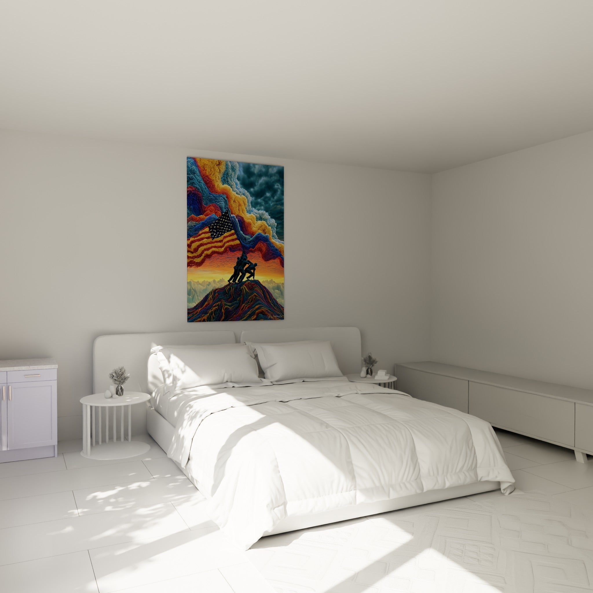 Silhouettes hissant un drapeau rouge et bleu au-dessus d'un lit dans une chambre claire