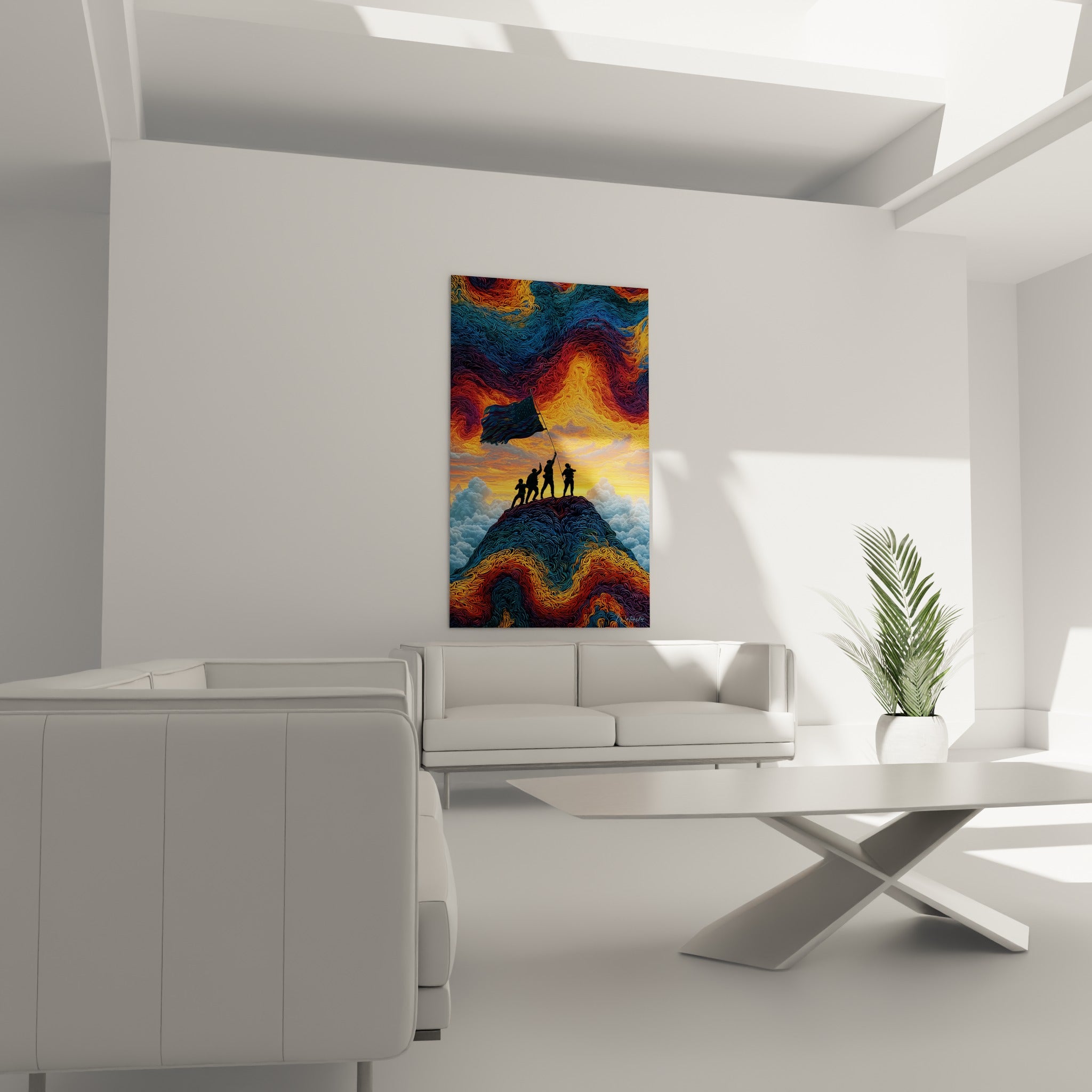 Sommet rocheux tourbillonnant en fauve et bleu marine avec drapeau hissé, au-dessus d'un canapé dans un salon lumineux