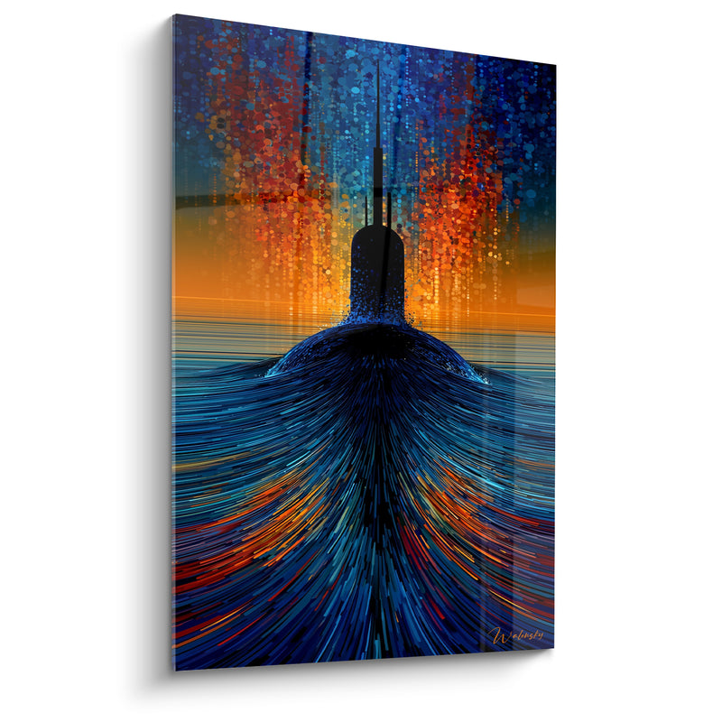 Tableau Sous-marin bleu et orange en surface - Émergence silencieuse - Edition Militaire