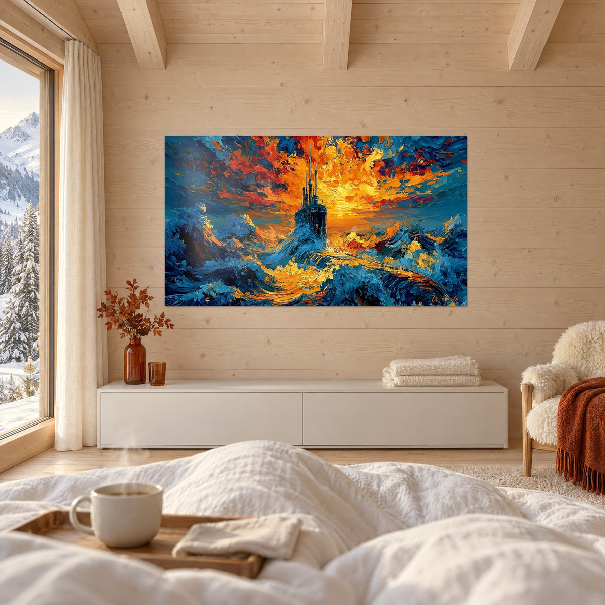 Schilderij van een diepzeeschip dat oprijst uit nachtblauwe golven, rode en gouden wolken, boven een bed in een lichte slaapkamer