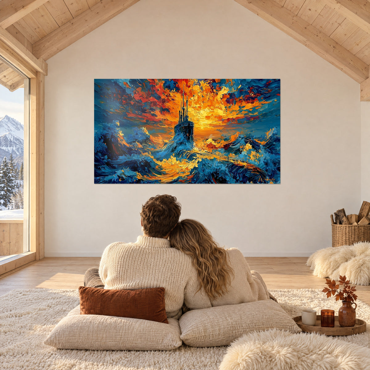 Schilderij met dikke paletmeslijnen, donkere onderzeeër, ultramarijnzee en vuurrode en amberkleurige lucht, muur van een zolderslaapkamer in een chalet