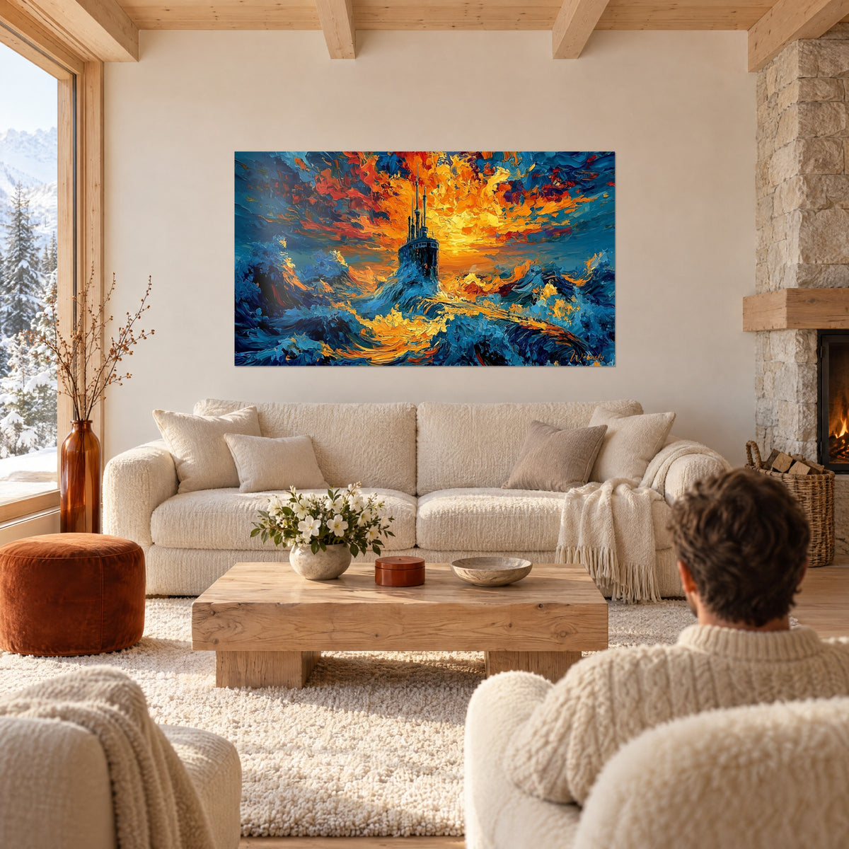 Schilderij van een onderzeeër die opduikt uit een kobaltblauwe zee onder een vlammende oranje hemel, boven een bank in een lichte woonkamer