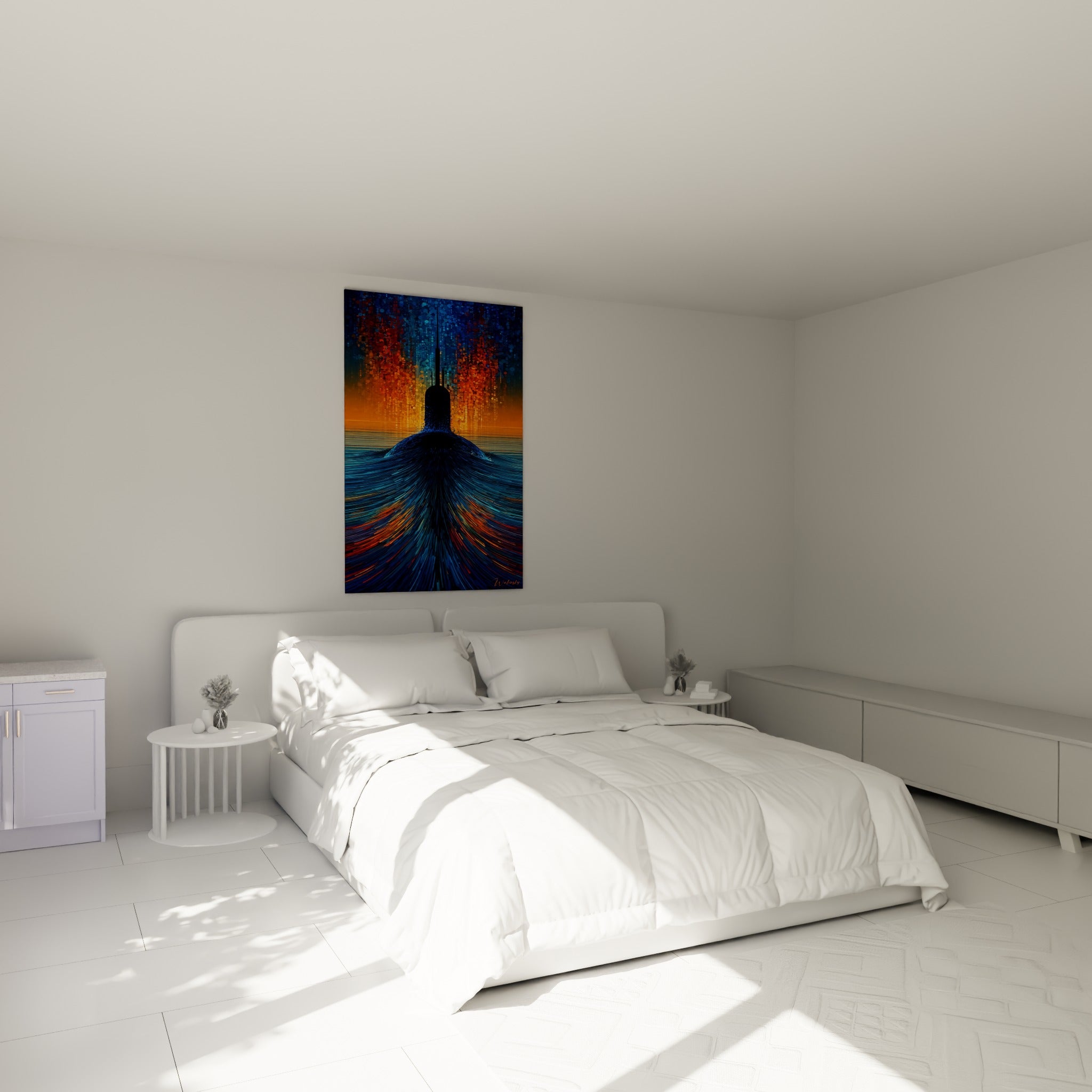 Submersible noir aux lignes bleu marine et orange, accroché au-dessus d'un lit dans une chambre claire