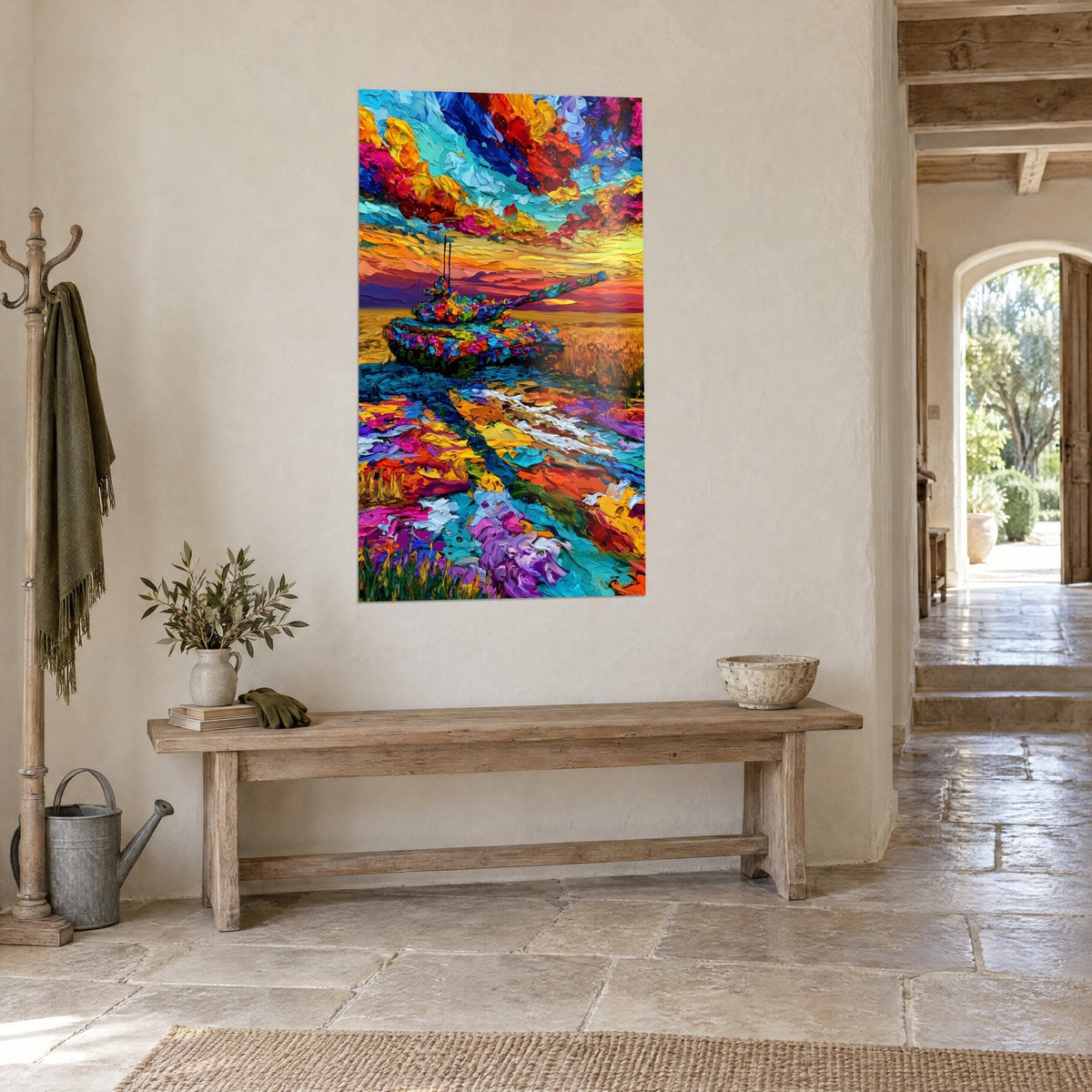 Tableau blindé immobile sur un chemin doré, ciel pourpre et jaune en empâtements, mur de pierre et banc de chêne en maison de campagne