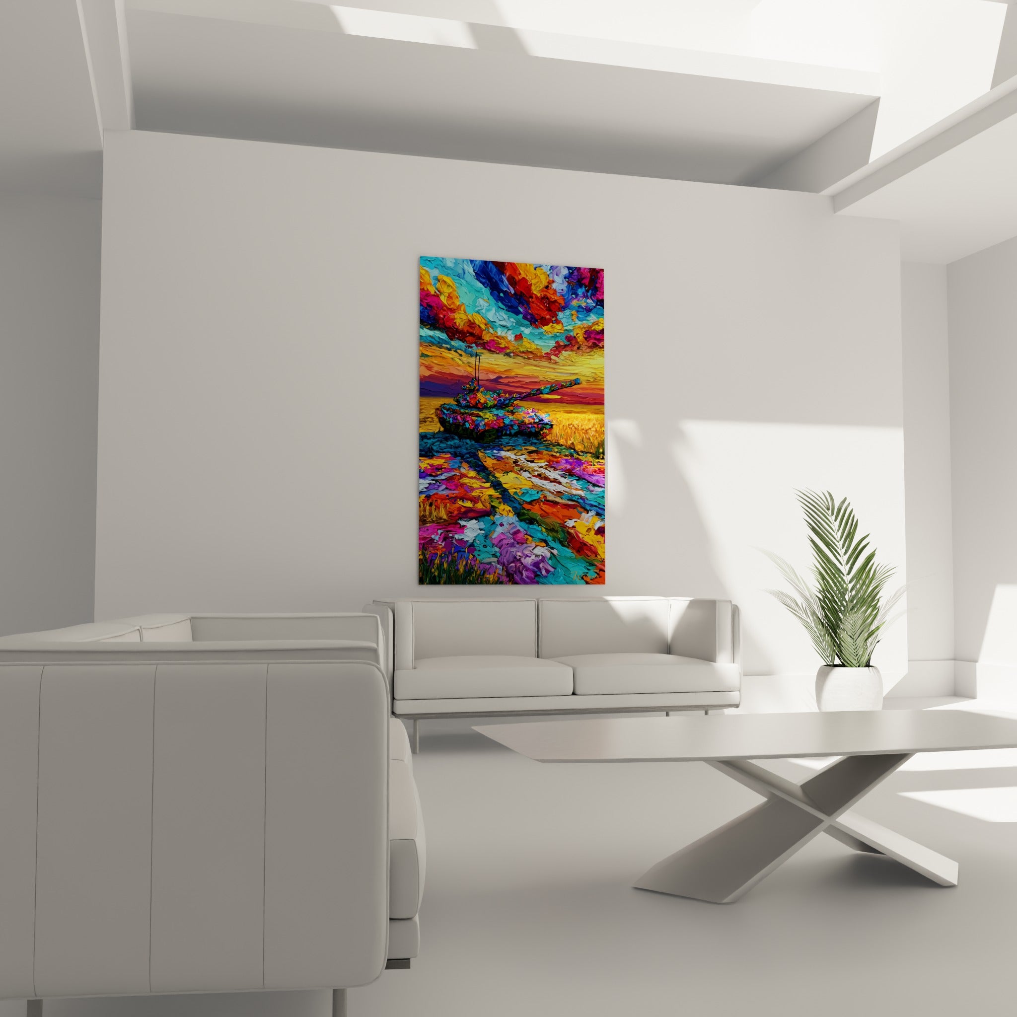 Tank coloré en bleu marine et magenta sur chemin sinueux, au-dessus d'un canapé dans un salon lumineux