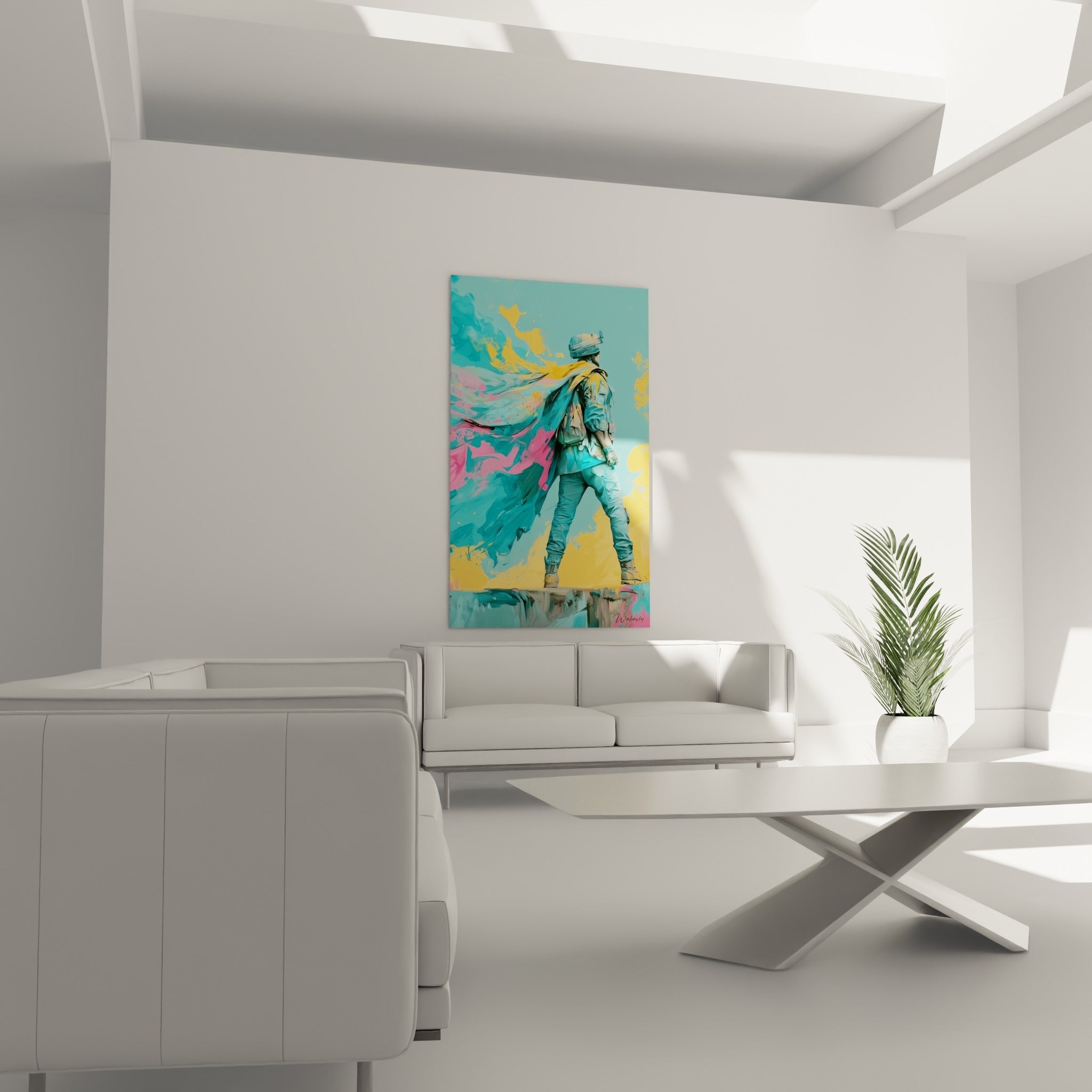 Personnage en tenue tactique bleu-vert et jaune vif suspendu au-dessus d'un canapé dans un salon lumineux
