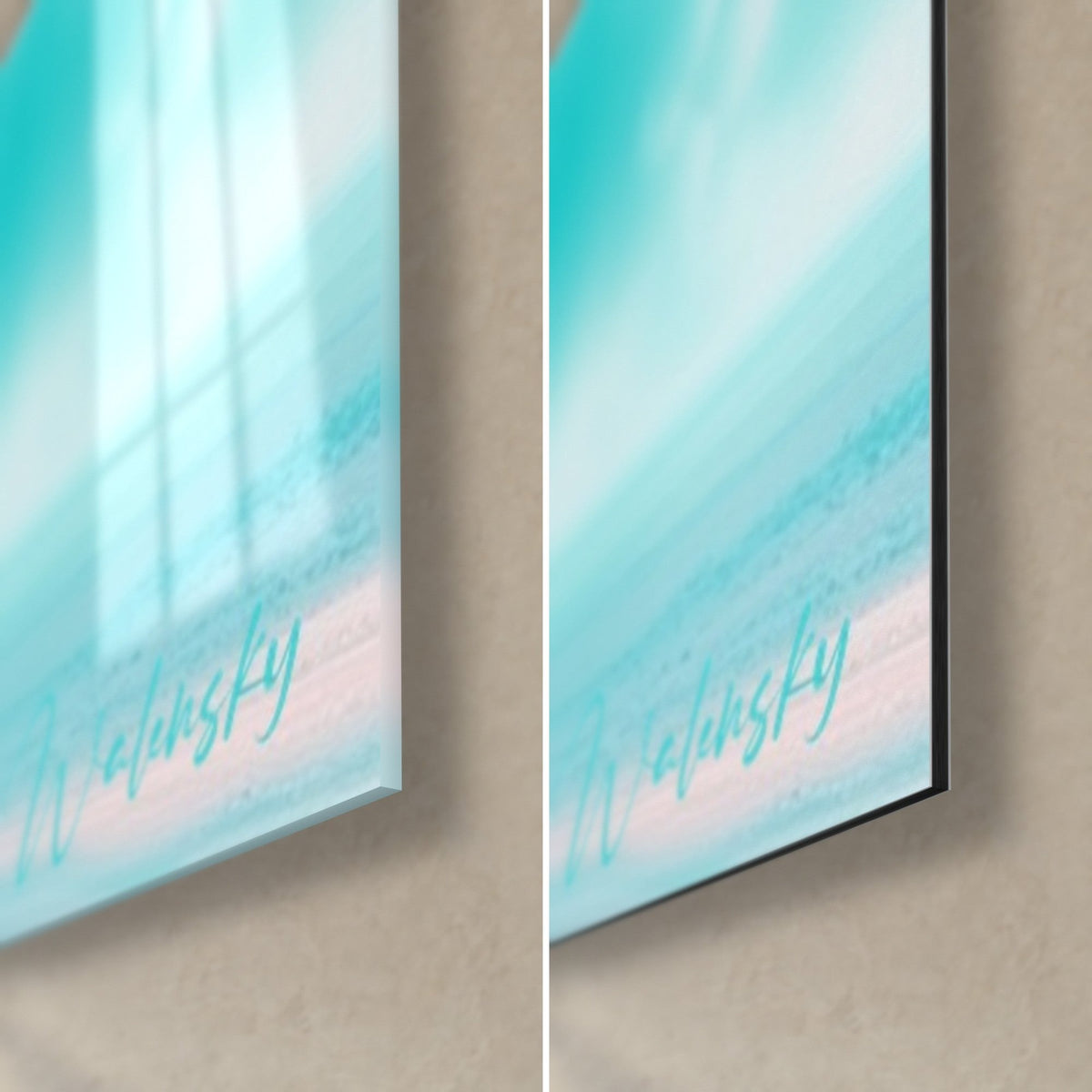 Tableau rotor d'hélicoptère turquoise et blanc, coin bas droit : verre brillant à reflets, alu Dibond mat, tranche de 3 mm
